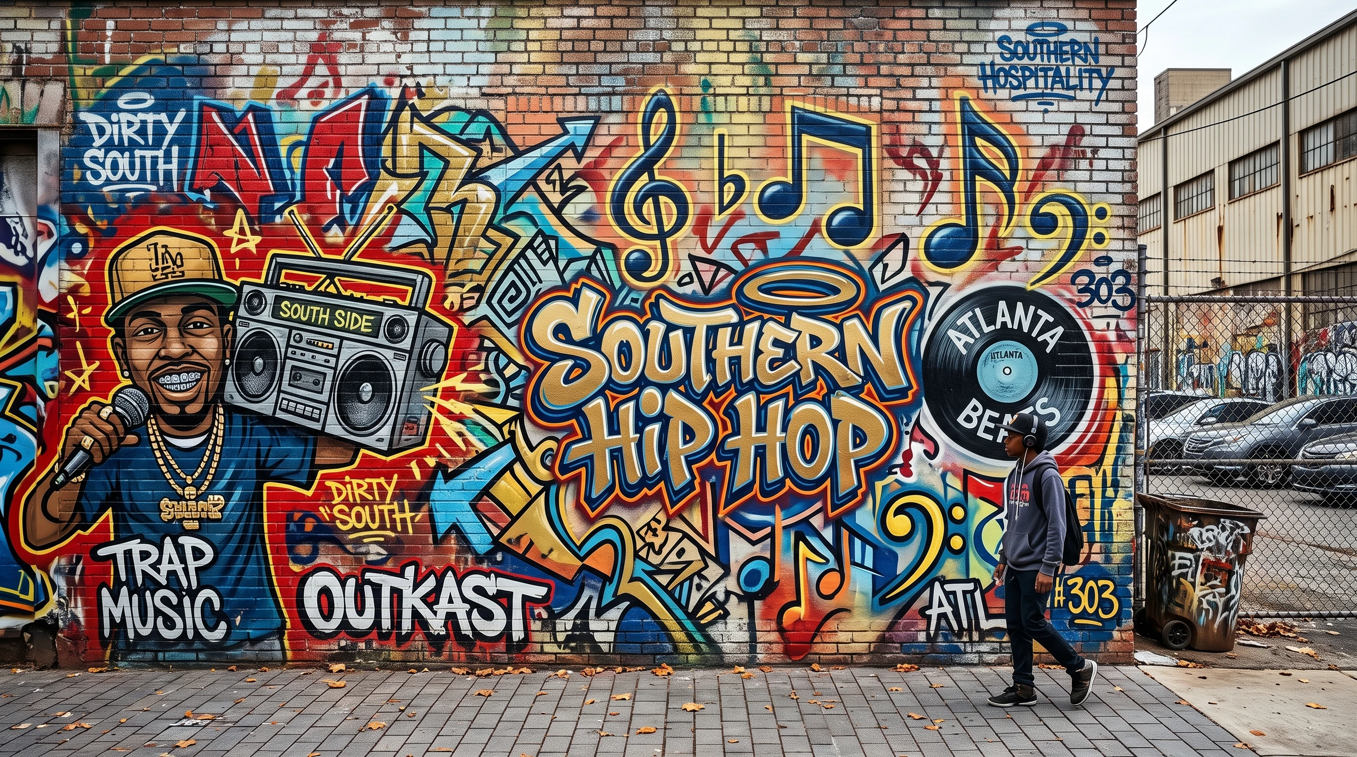 A graffiti-covered wall with musical symbols and abstract patterns inspired by Southern hip hop culture.