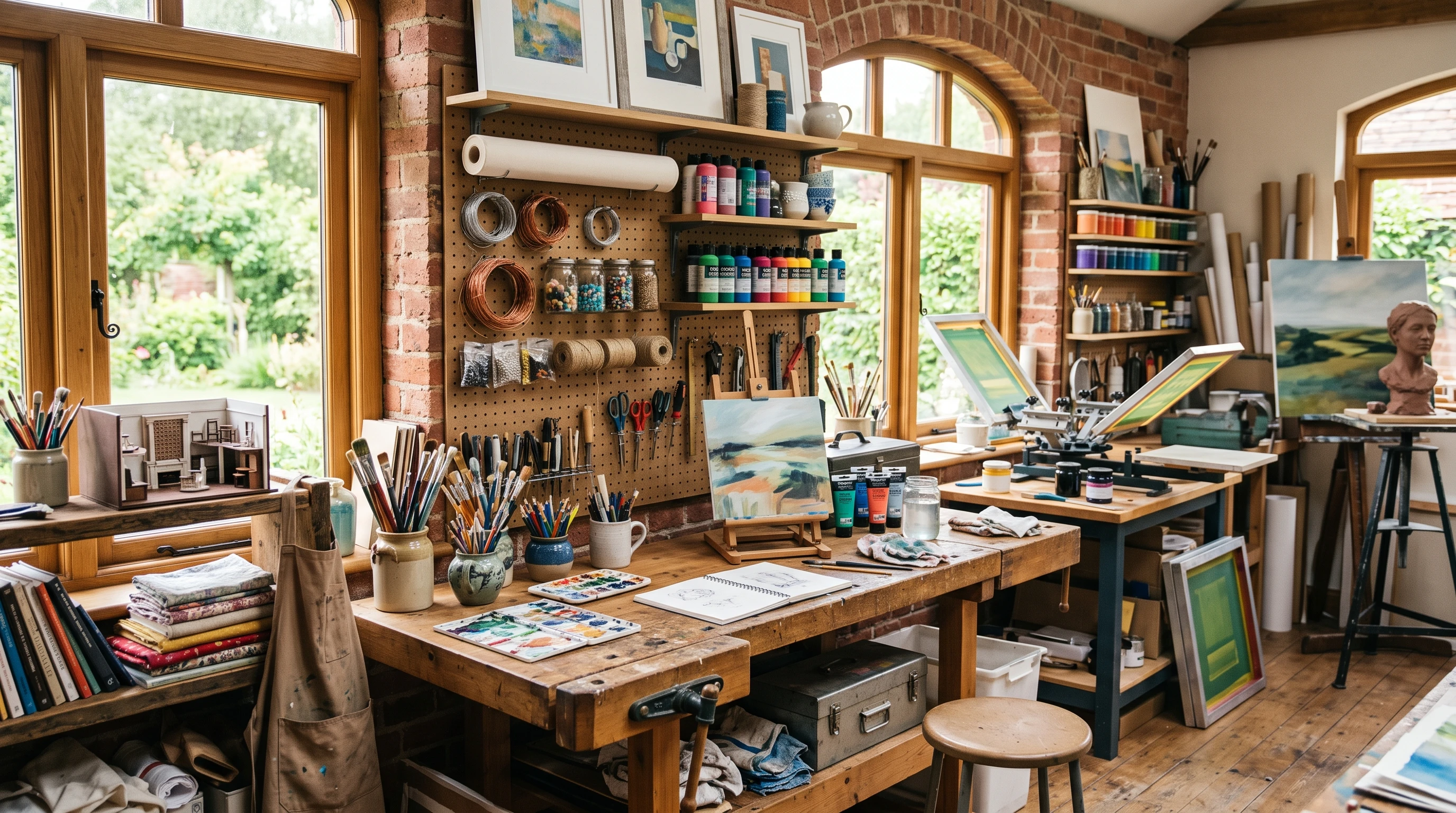 A creative workspace with props, tools, and sets showing the setup for an art project.