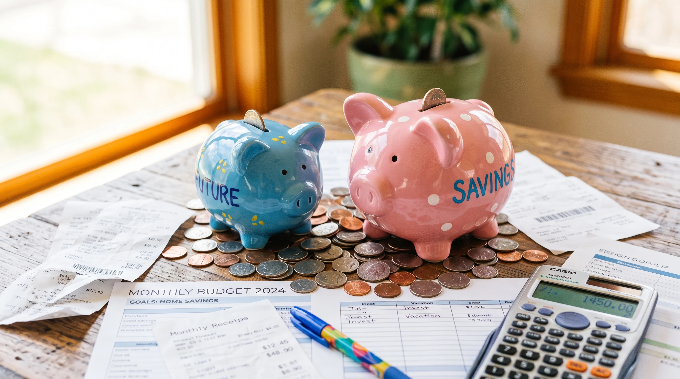 A close-up of classic piggy banks and coins on a table among scattered financial papers and a calculator. Bright lighting gives a cheerful and optimistic feeling to common personal finance themes.