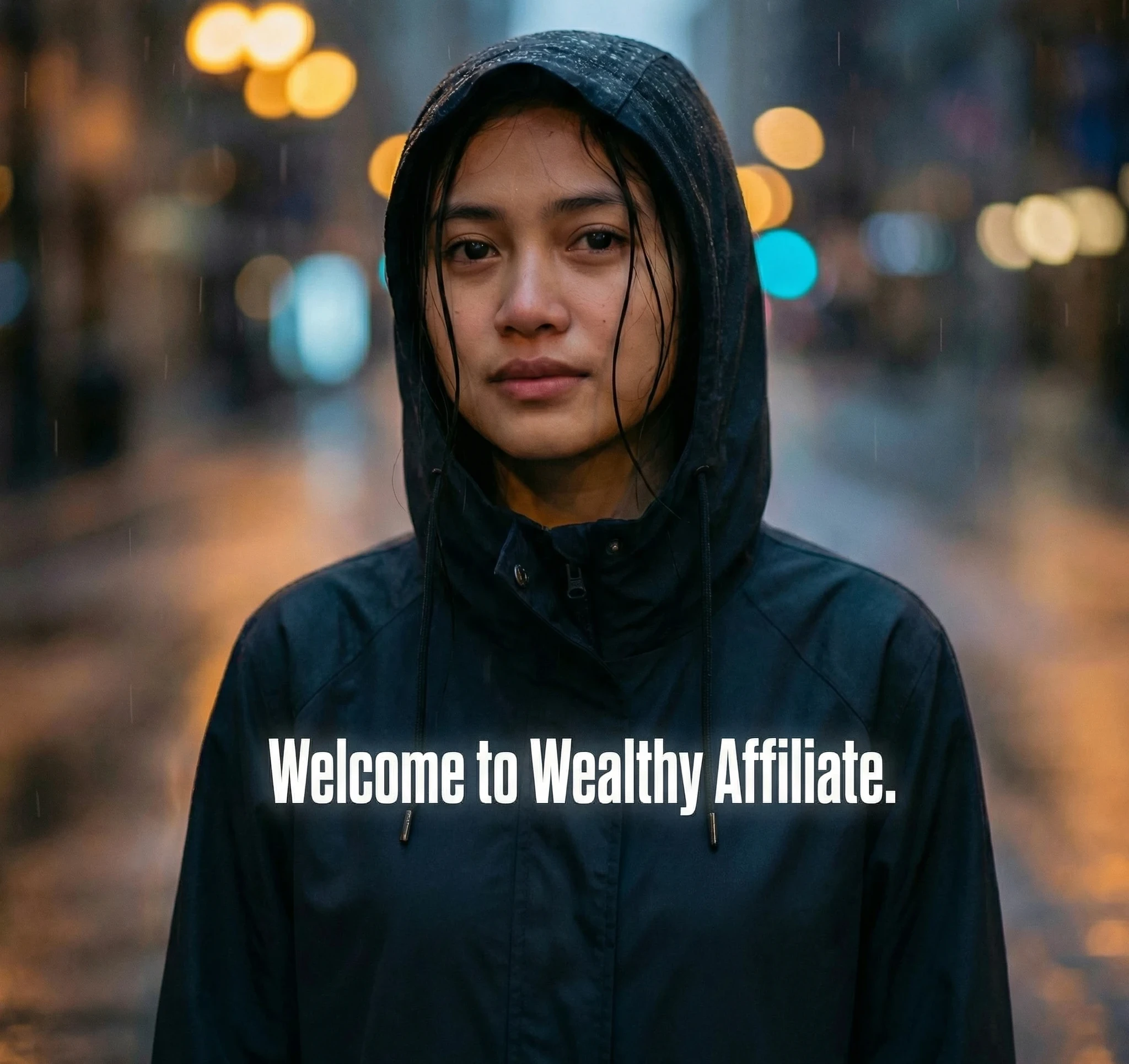 Young woman standing in the rain.