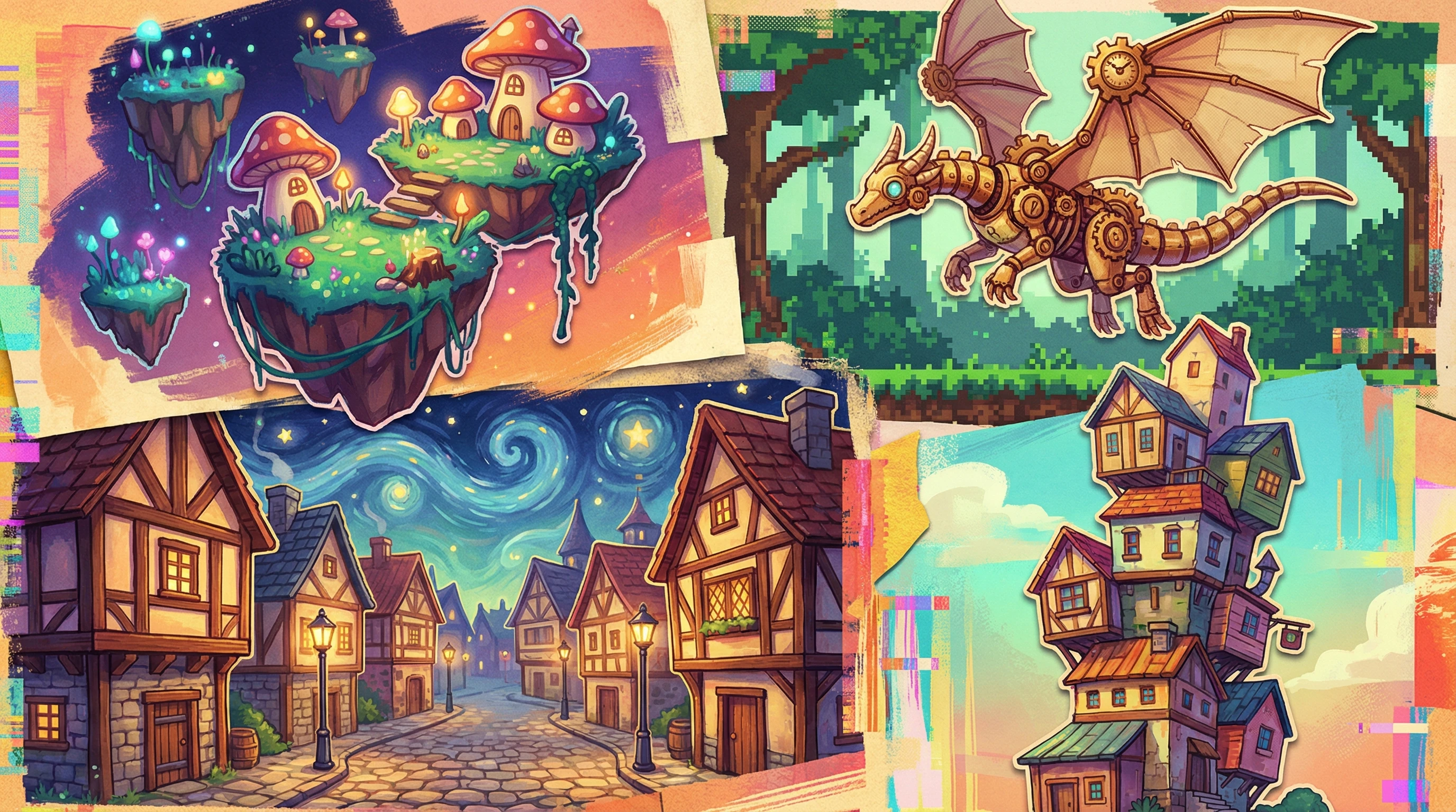Colorful montage of indie game worlds, creatures, and pixel-art environments
