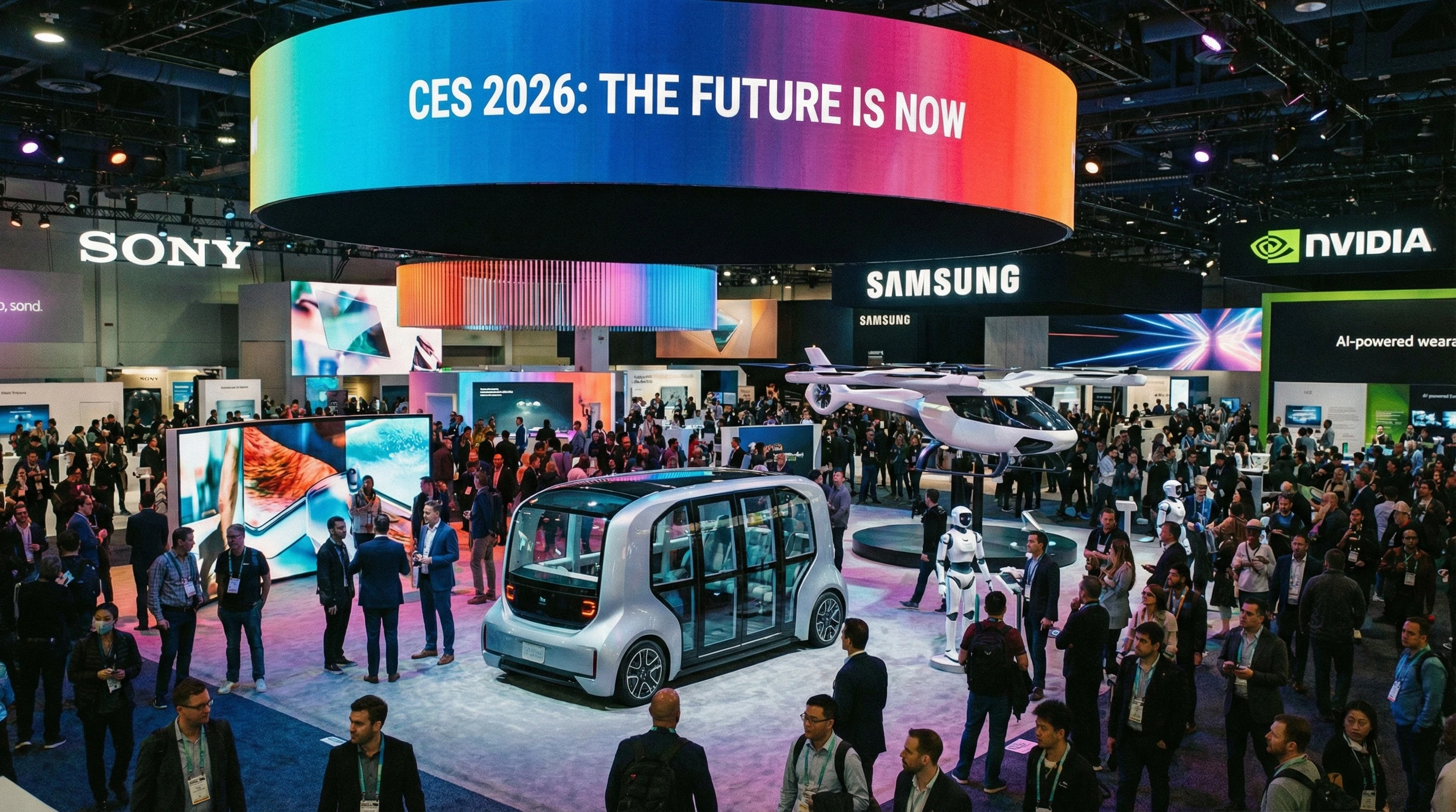 Futuristic gadgets on display under vibrant expo lighting