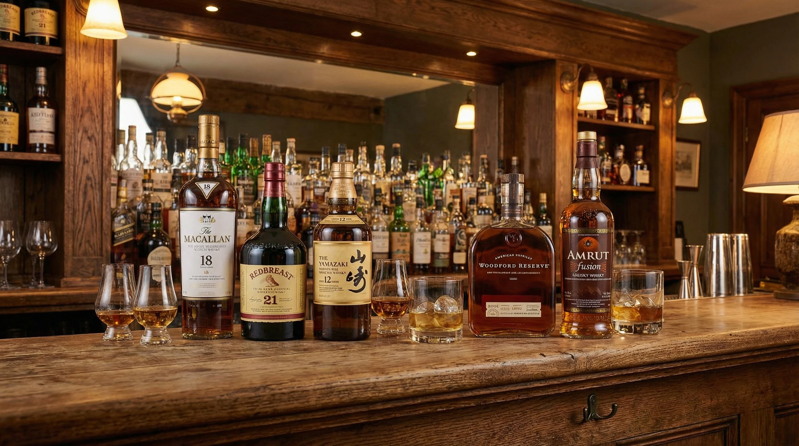 A collection of different whisky bottles from around the world lined up on a wooden bar counter beside whisky glasses.