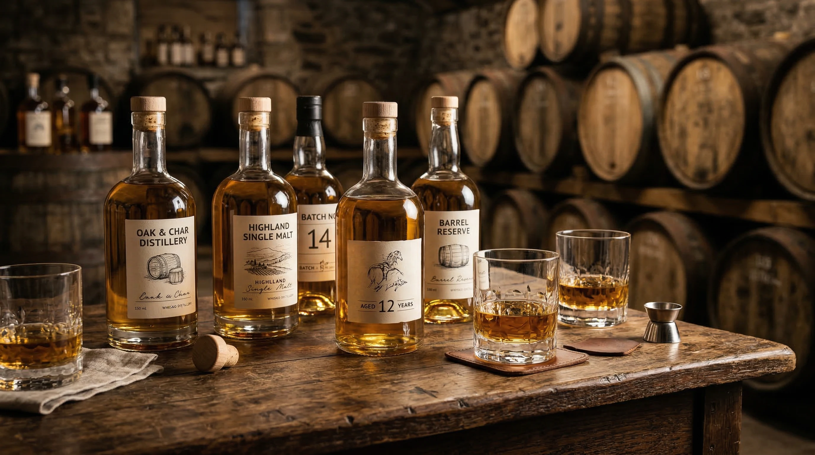 A variety of whisky bottles and glasses with golden spirit, a wooden table, and barrels in the background