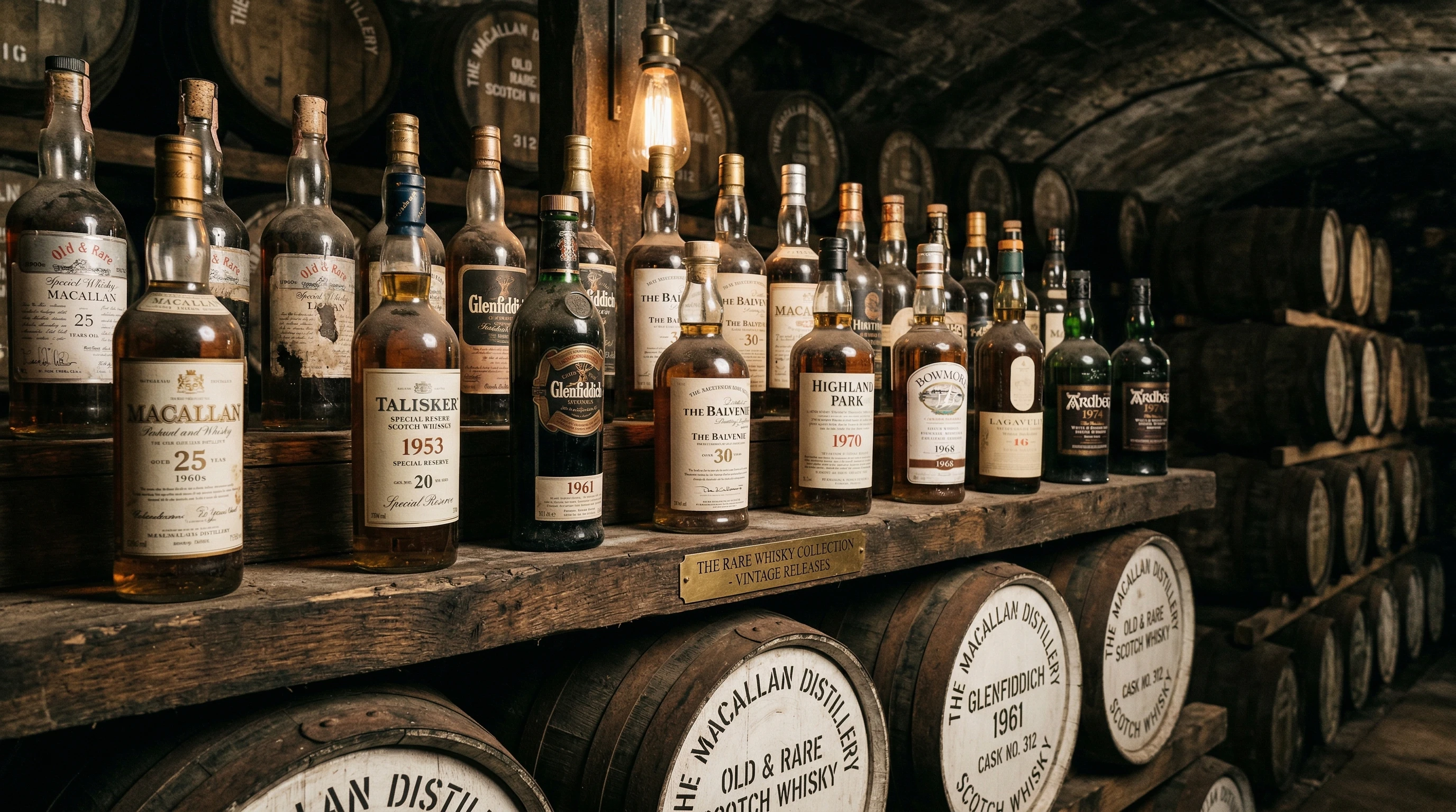 Collection of whisky bottles displayed in a dimly lit cellar with vintage wooden barrels stacked in the background.