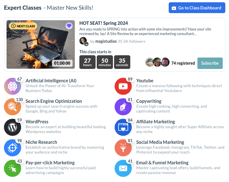 Expert classes at Wealthy affiliate