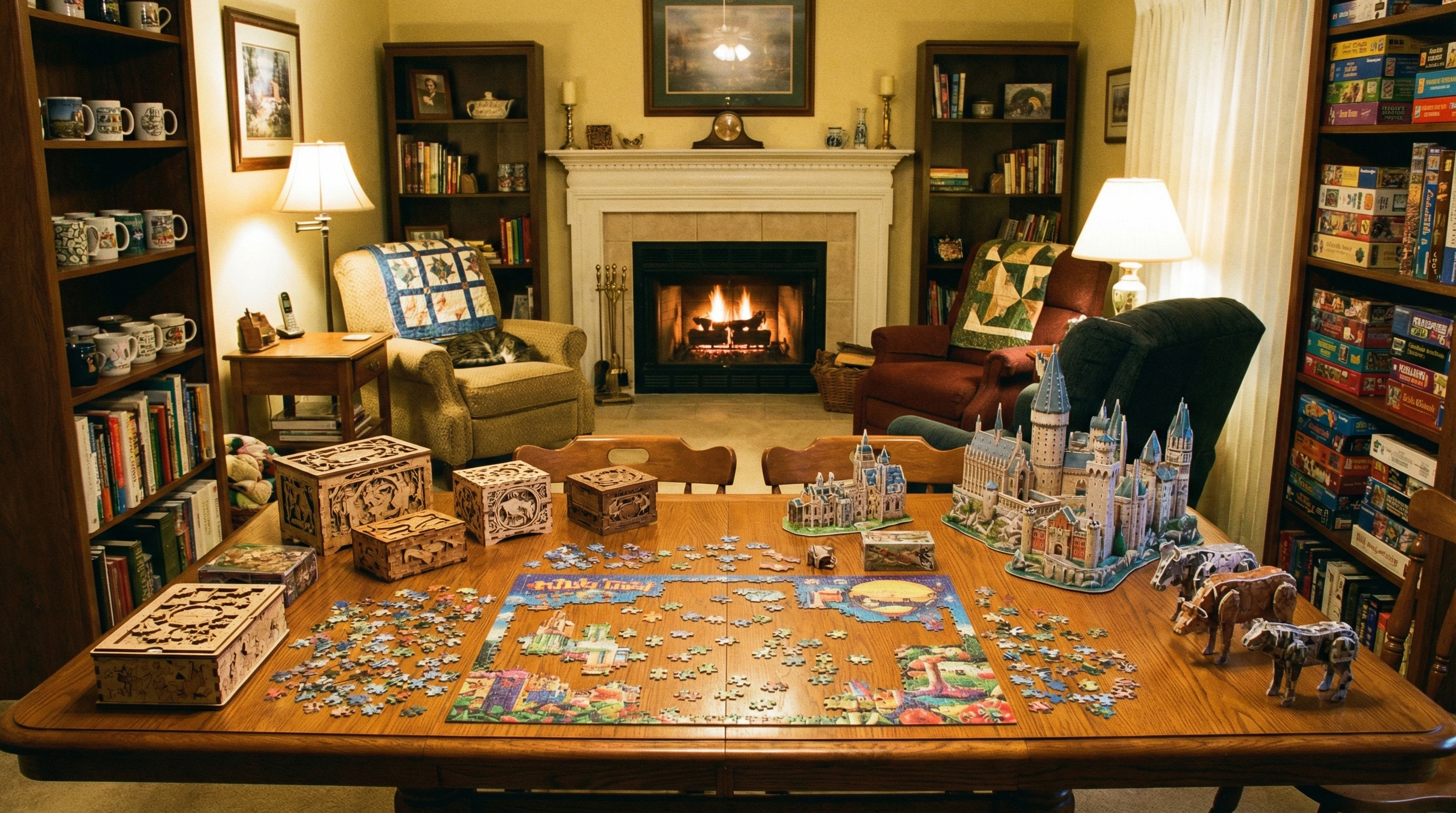 A variety of vibrant and unique puzzles spread out on a cozy table with mugs nearby.