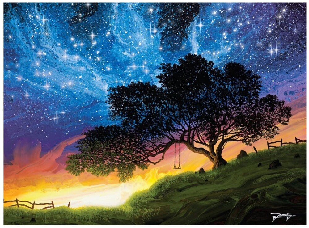 Ceaco glow in the dark puzzle of tree with bright night sky with starts and setting sun