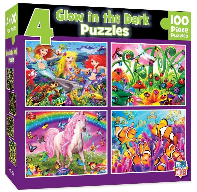 picture of box with 4 glow in the dark puzzles that include little mermaid nemo beetles and unicorn