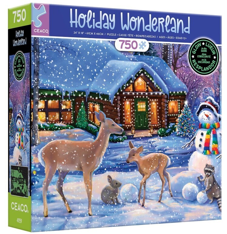 cottage with deer rabbit raccoon snowman and glow in the dark lights and falling snowflakes