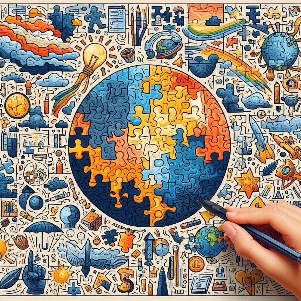 Digital poster of random pictures with world represented in center made of jigsaw puzzle pieces