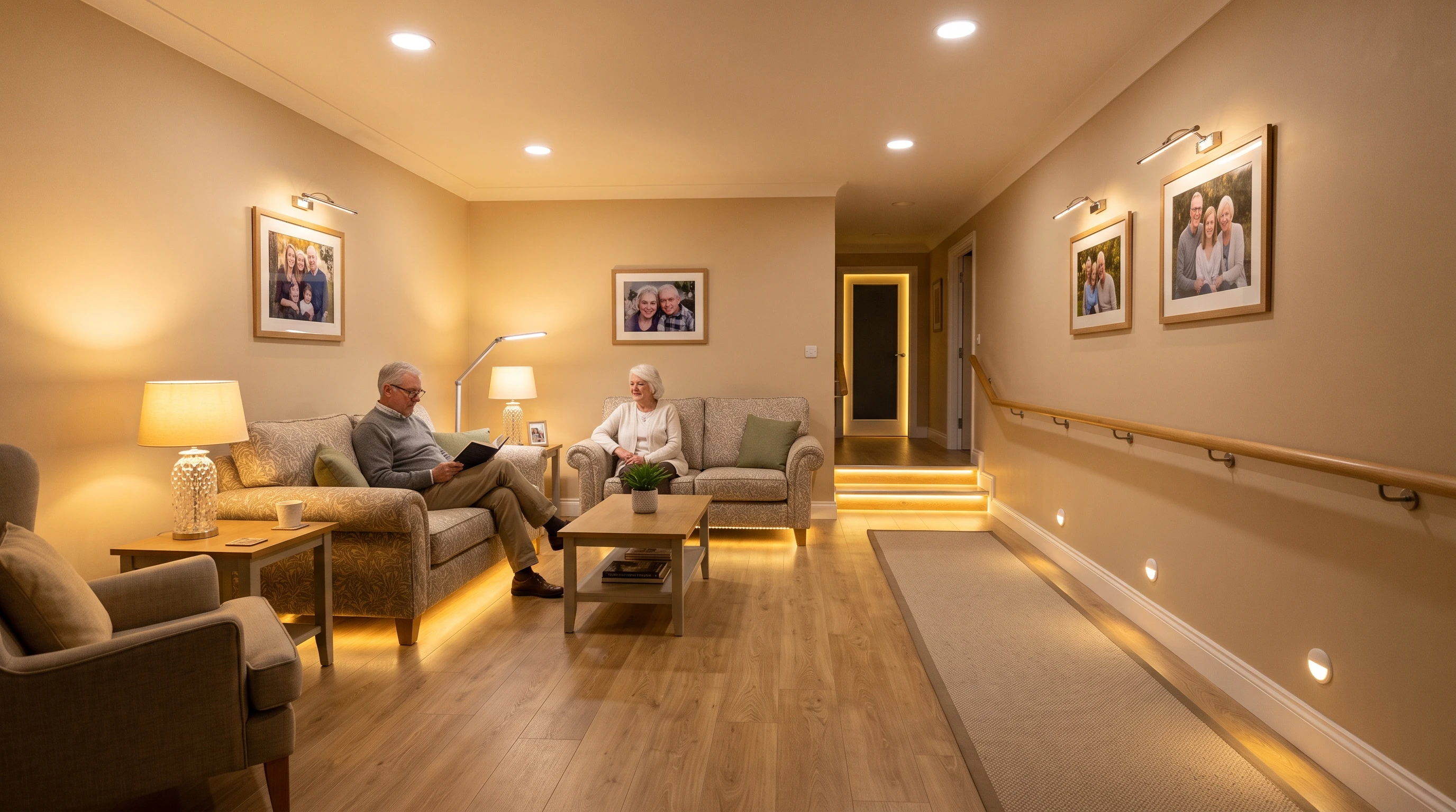 well-lit living room emphasizing lighting for elderly safety