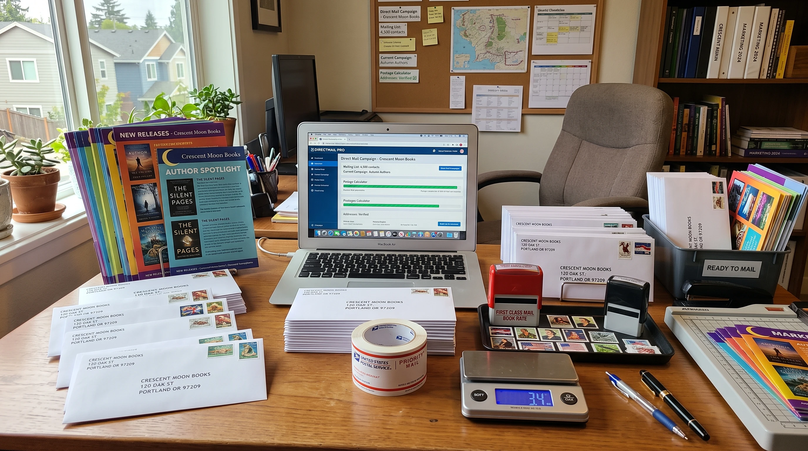 A desk with envelopes, mailing supplies, and a laptop to illustrate direct mail marketing.