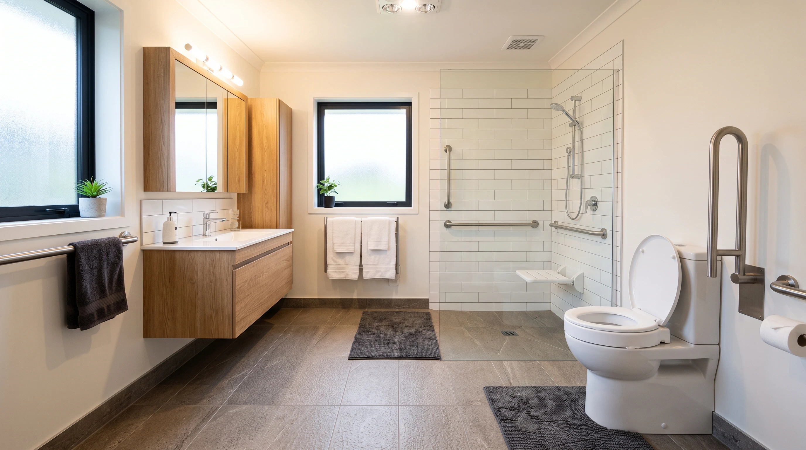 Photo showing a modern bathroom with non-slip mats, grab bars, bright lights, and a shower chair beside a walk-in shower.
