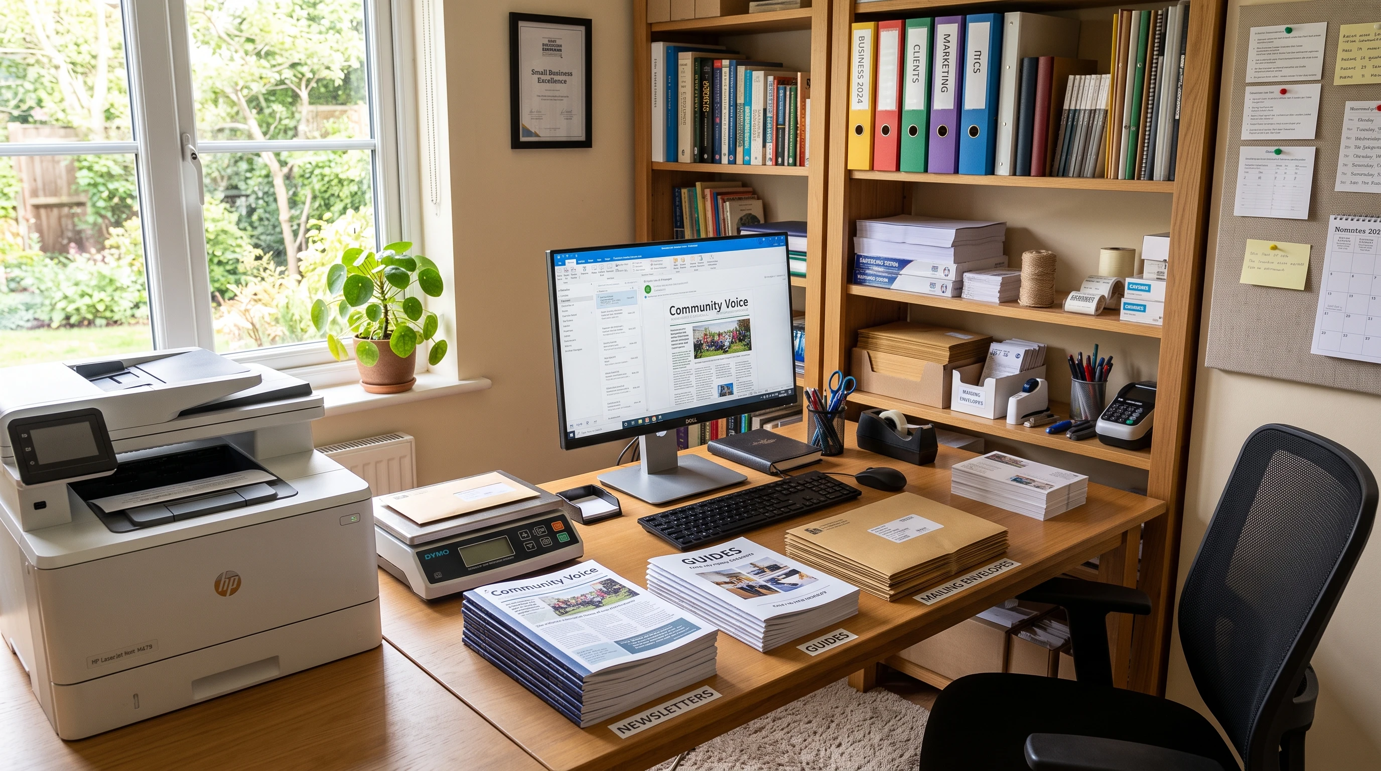 Home office setup for a direct mail business with a printer, computer, mailing supplies, and printed newsletters.