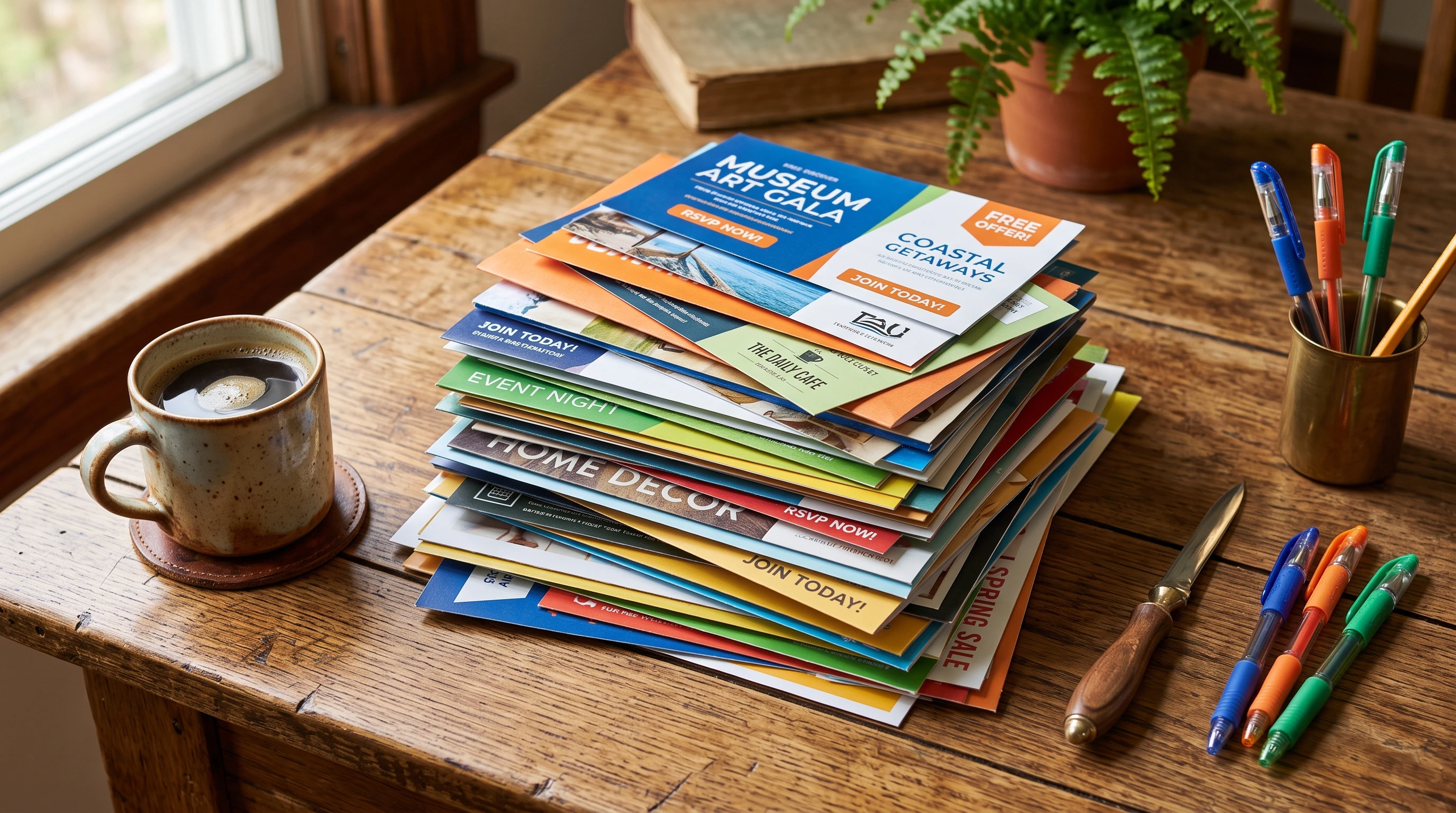 Stacks of direct mail marketing flyers and envelopes on a rustic table, arranged with a coffee cup, envelope opener, and colorful pens.