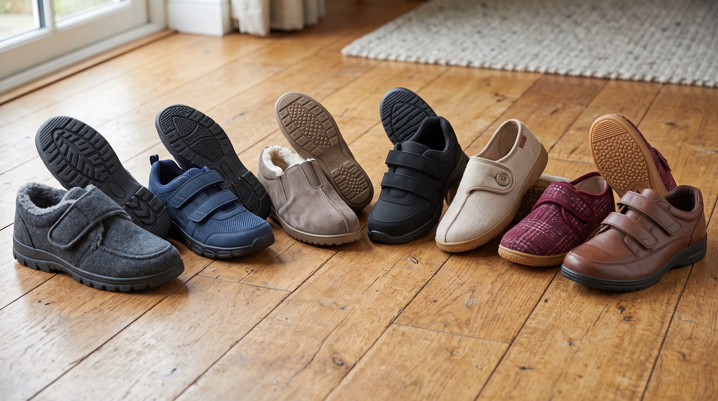 A variety of seniorfriendly shoes with different support features displayed on a wooden floor
