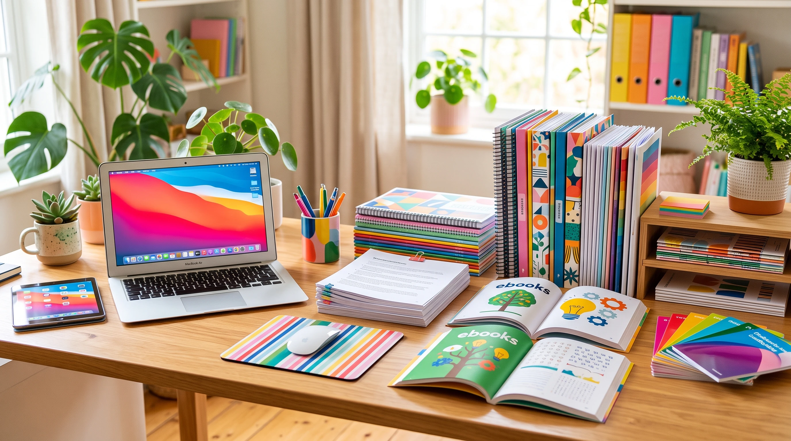 Colorful digital products such as ebooks and printables stacked on a desk with a laptop, no people.