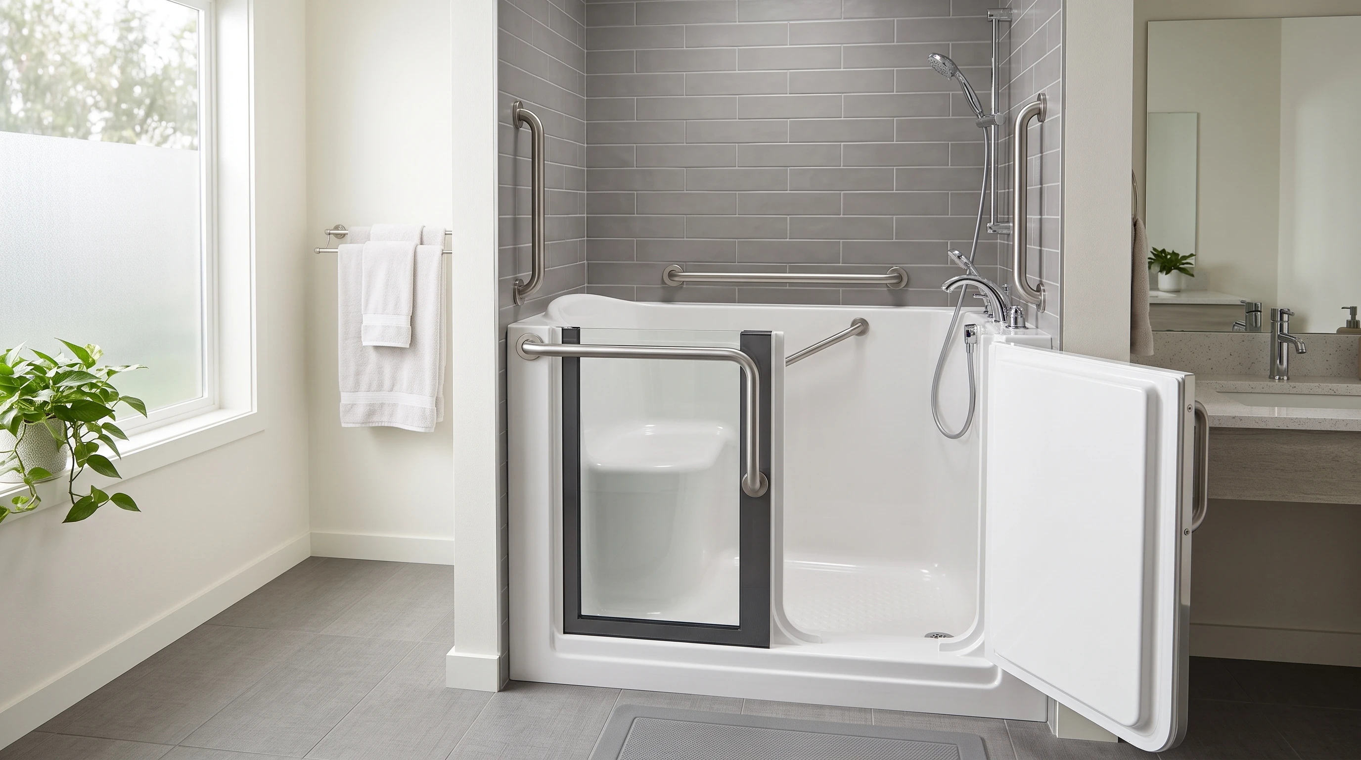 Modern walk-in tub with safety features in a bright bathroom
