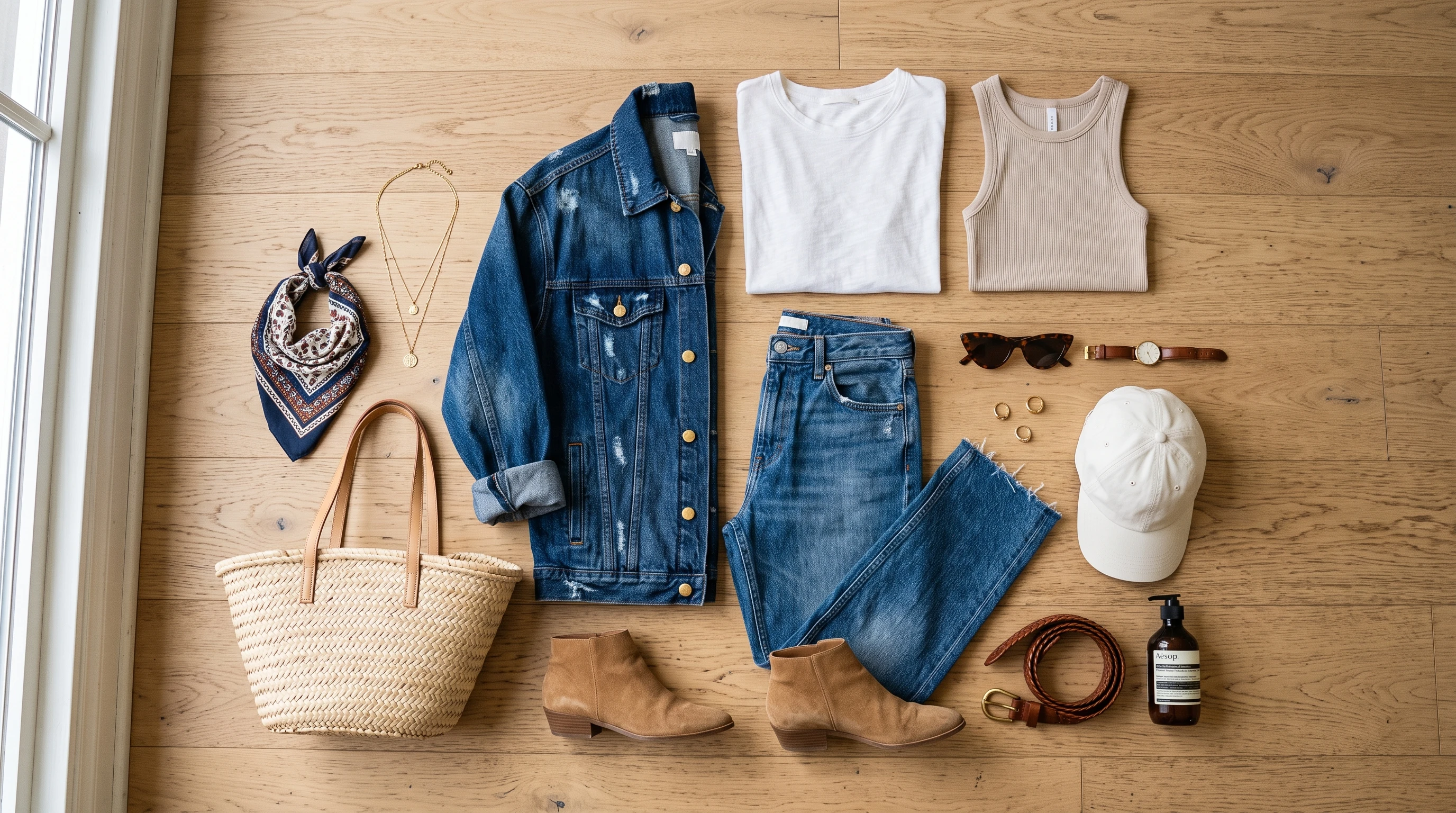 Flat lay of denim outfit pieces including jeans, jacket, and accessories