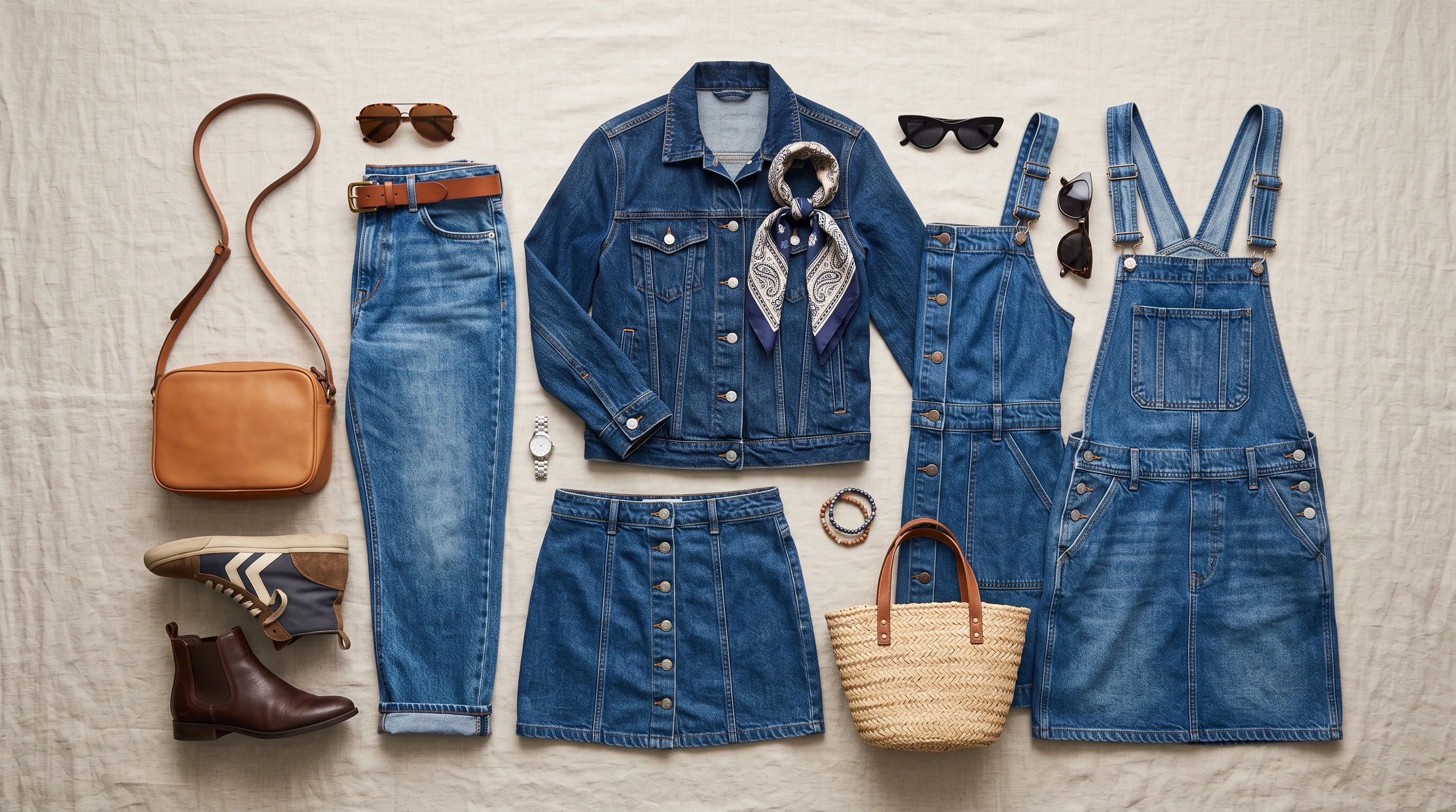 Flat lay of different denim clothing items and accessories laid out on a neutral background