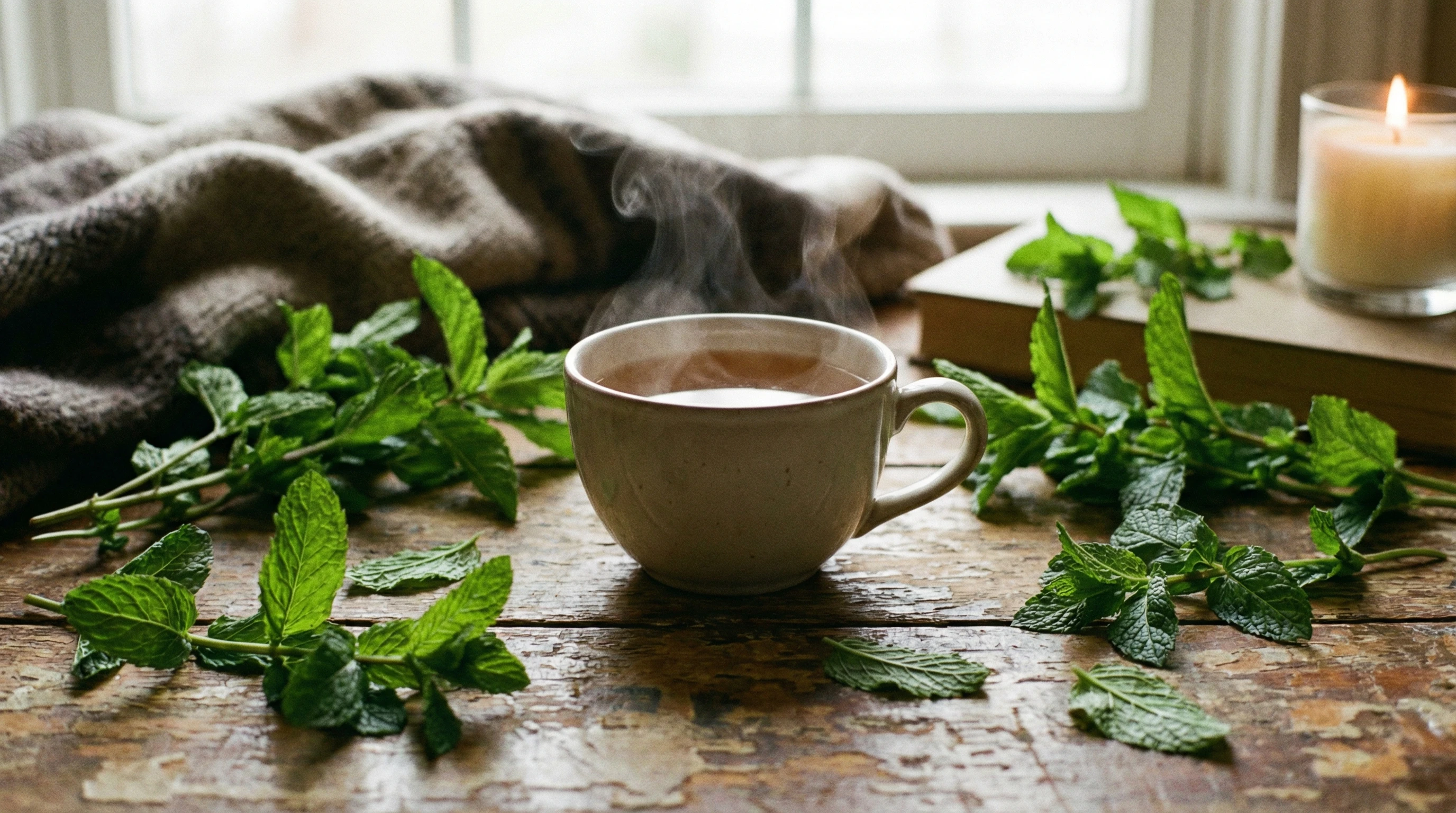 A steaming cup of peppermint tea surrounded by fresh mint leaves and a rustic wooden table.
