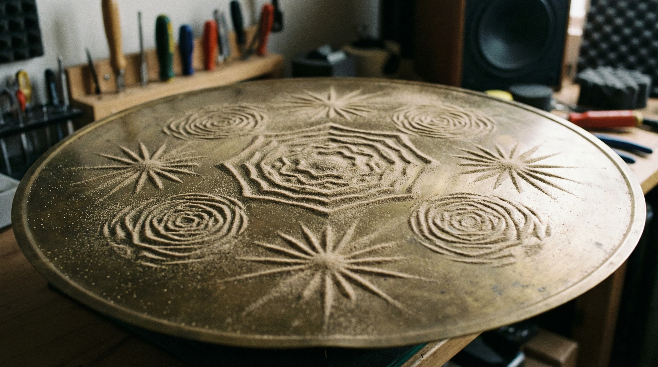 A close-up view of a metal plate covered with sand, showing intricate symmetrical patterns formed from vibration by sound waves. Soft lighting reveals sharp geometric details, with a blurred background.
