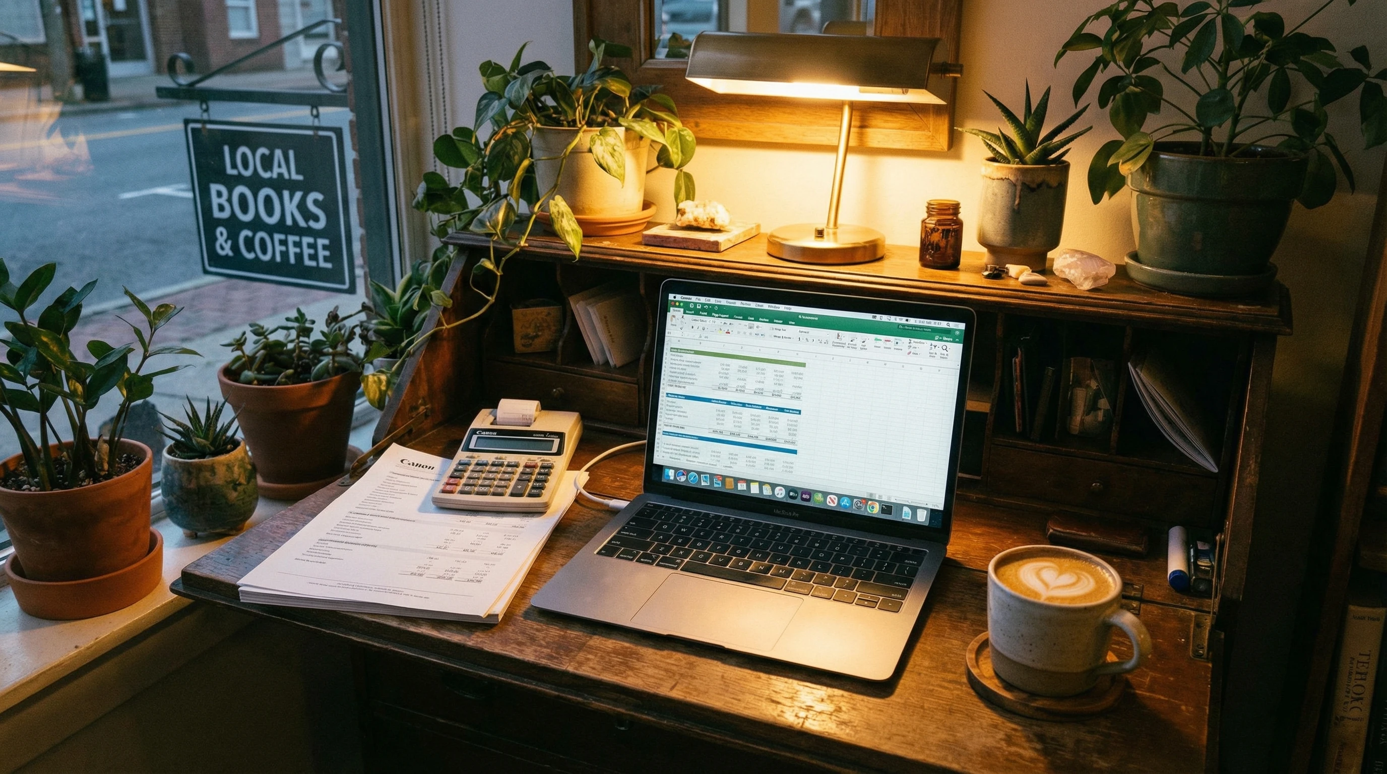 A desk with a laptop, calculator, printout of financial statements, and a cup of coffee. Warm lighting, cozy small business setting.