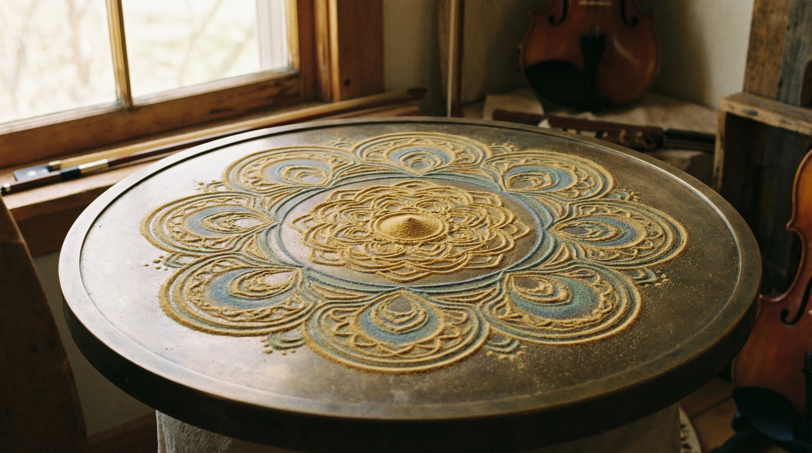 A mesmerizing view of harmonic patterns formed in sand on a vibrating metal plate, with soft light and calming colors, highlighting the beauty of sound-made geometry in nature.