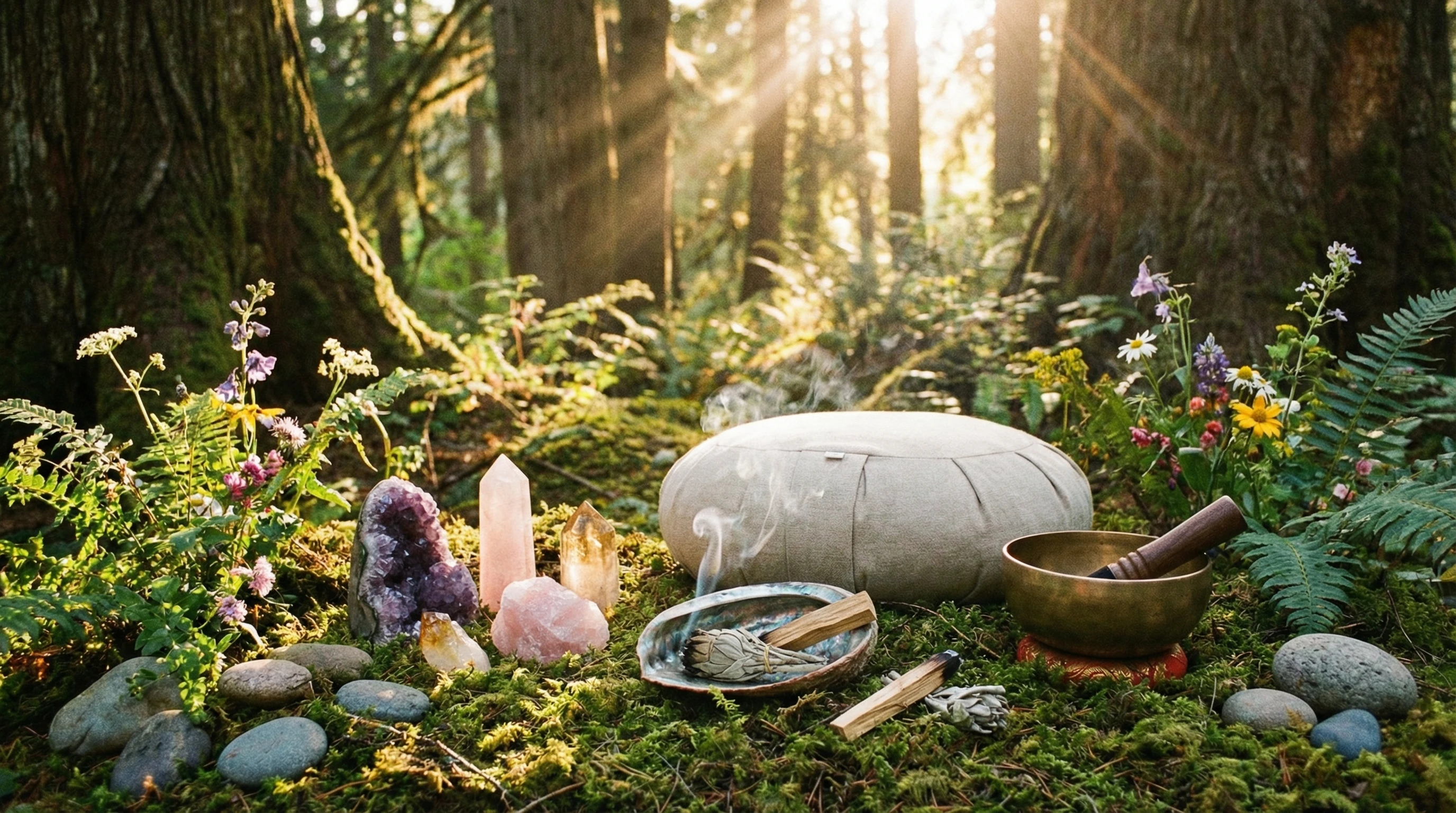 A tranquil natural scene with various symbolic healing tools such as crystals, incense, meditation cushion, and a singing bowl placed on the ground. Sunlight filters through the trees and soft light highlights the peaceful arrangement.
