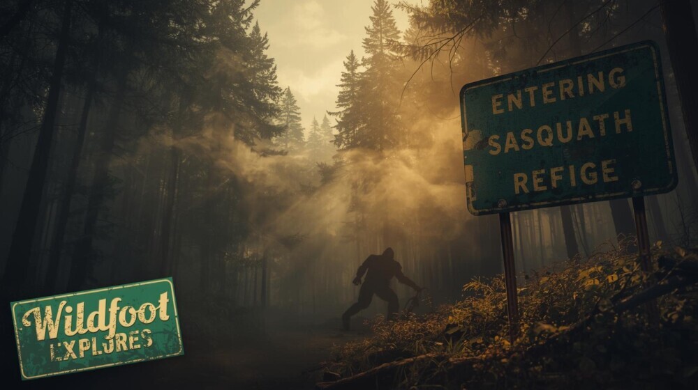Bigfoot Protection Law  Description:  Deep forest background at dawn with fog between the trees  Silhouette of Bigfoot mid-stride in bottom-right corner  A green road sign that reads: “Entering Skamania County – Sasquatch Refuge”  Worn parchment or forest texture behind the title text  Wildfoot Explores logo in the lower-left corner in 3-D style