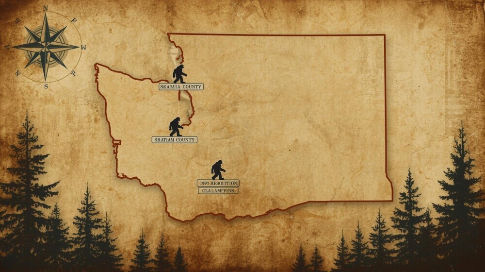 Design Description:  Illustrated map of Washington State with three counties outlined in bold:  Skamania County (1969 Law)  Whatcom County (1991 Resolution)  Clallam County (Tourism Protections)  Small Bigfoot icons placed near each  Weathered paper texture overlaid for that cryptid explorer vibe  Compass rose in corner with pine trees lining the state border