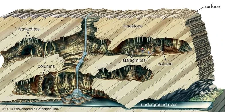 A geological look at how karst limestone cave networks form extensive subsurface corridors.. Source: Britannica