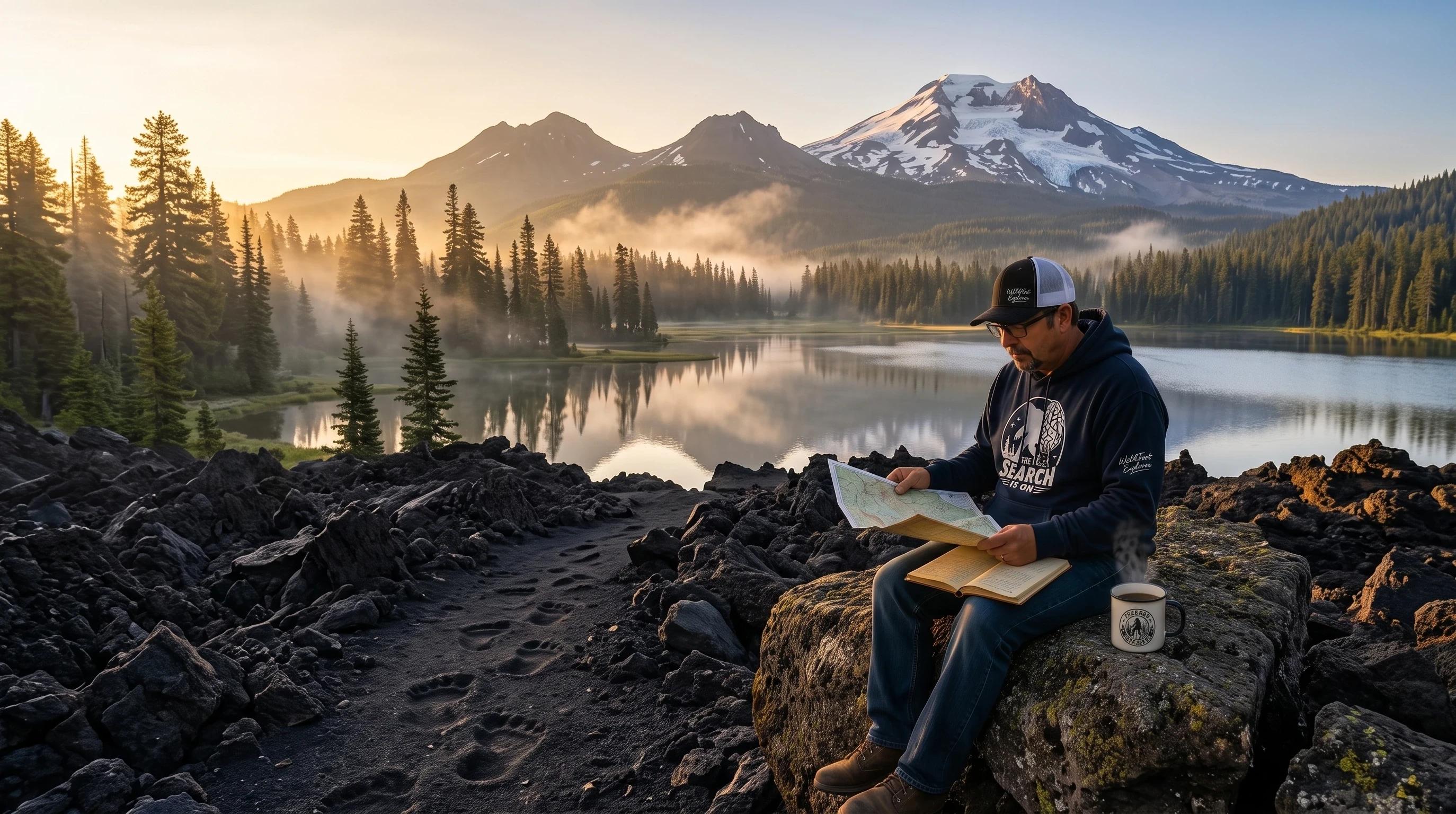 Oregon's Three Sisters volcanoes towering above lava fields, 
