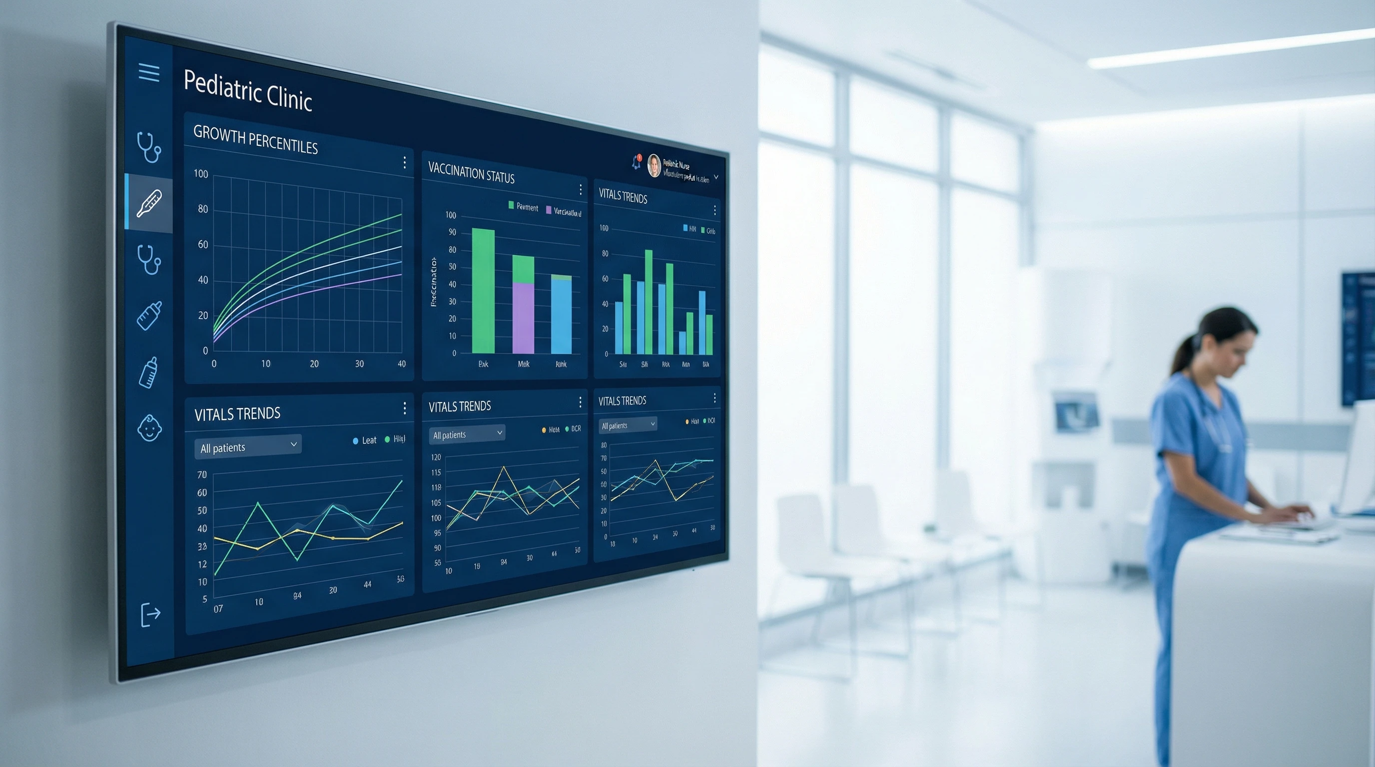 Digital forms and charts in a clinic representing infant care documentation