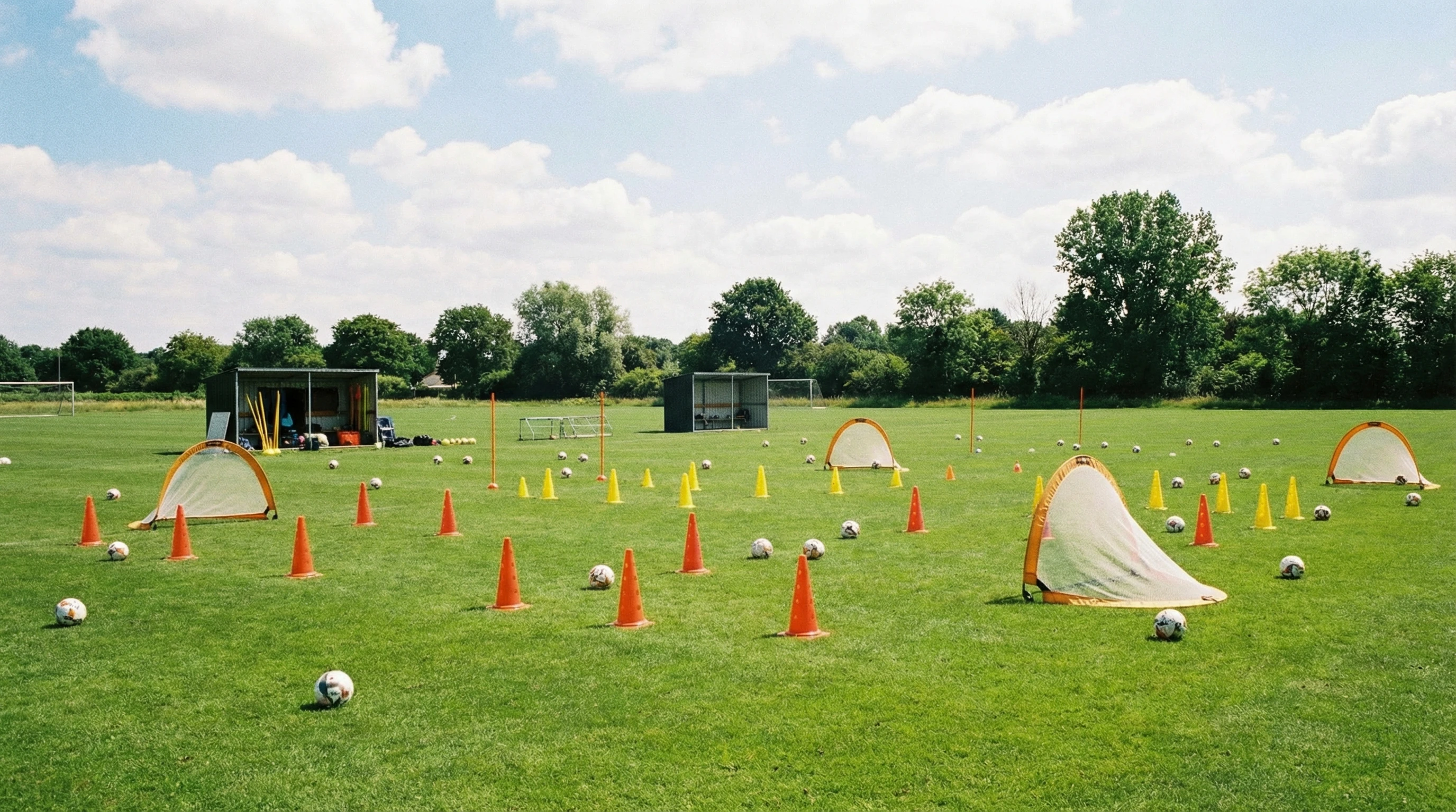 Soccer coaching session on a grass field with cones, balls, and various training equipment scattered for drills. A sunlit sky and goalposts in the background, focusing on a diverse range of equipment.