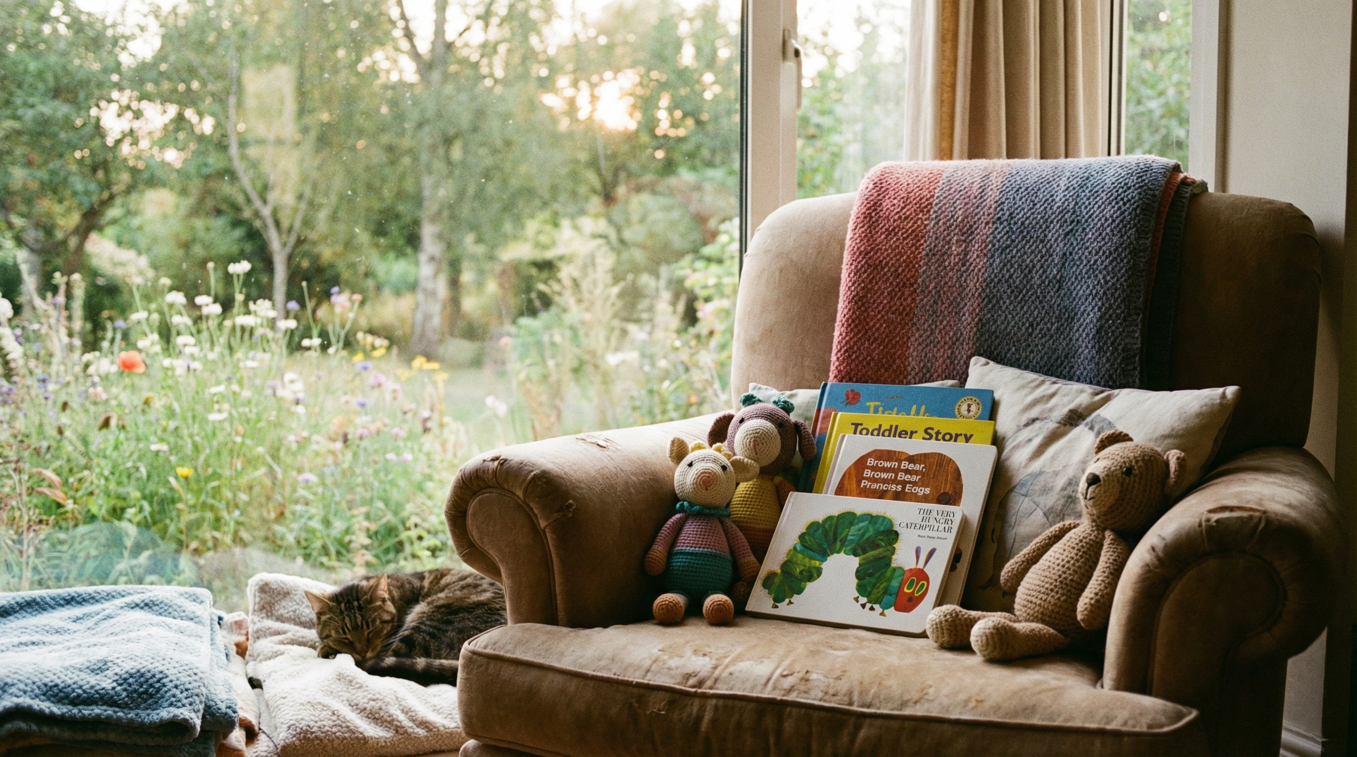 A cozy reading nook with a pile of colorful toddler storybooks and soft toys, set against a gentle natural background.