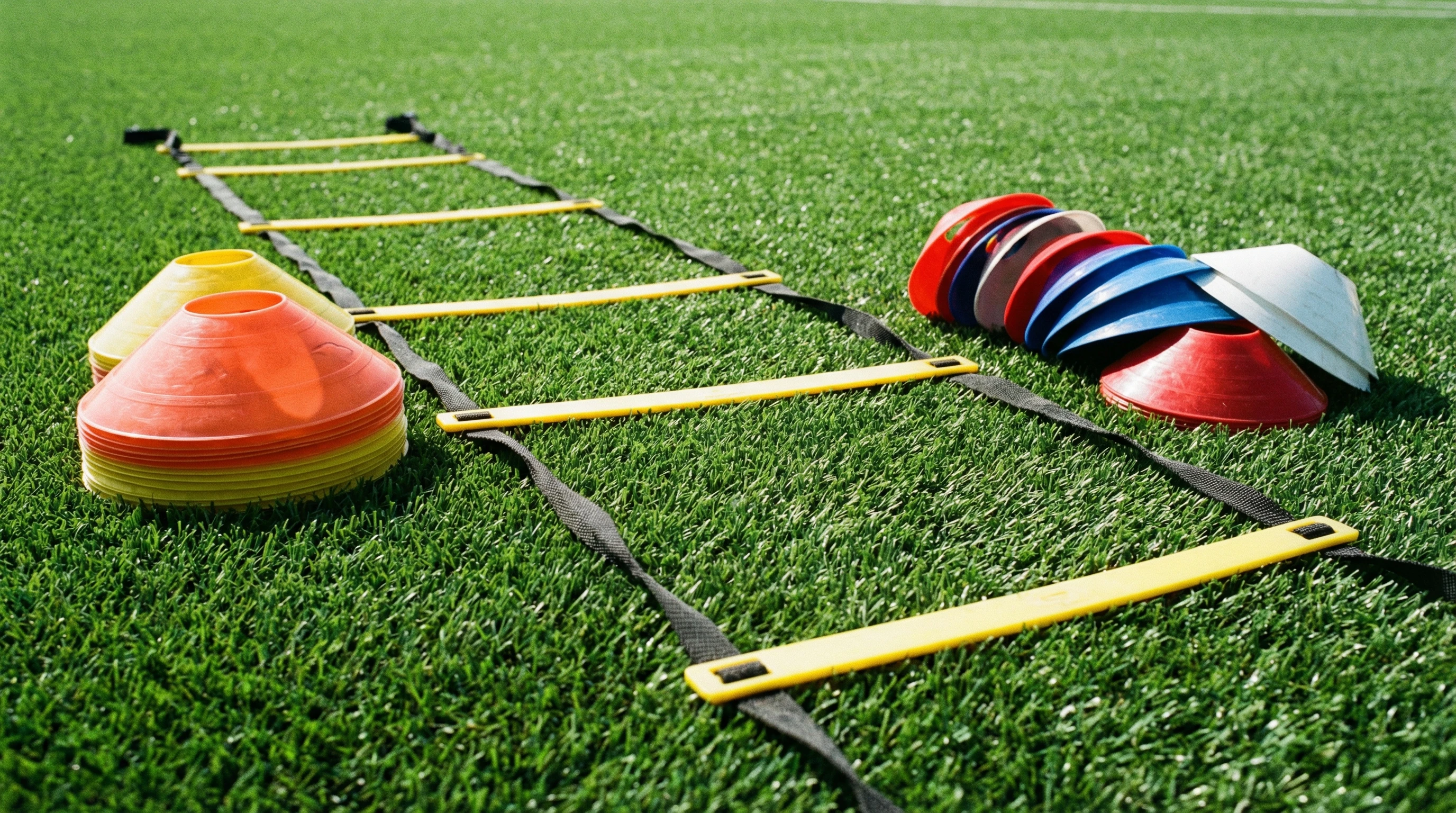 Agility ladder set for soccer players on green turf
