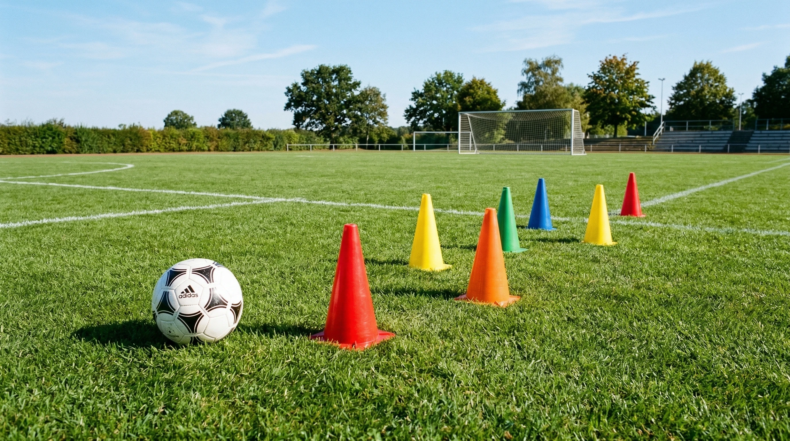 Colorful soccer cones and ball on a green field for drills