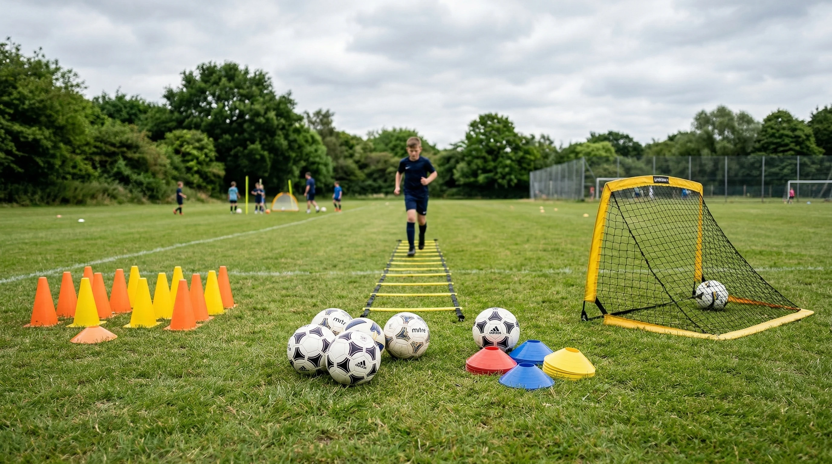 Soccer cones and training equipment lined up on a field