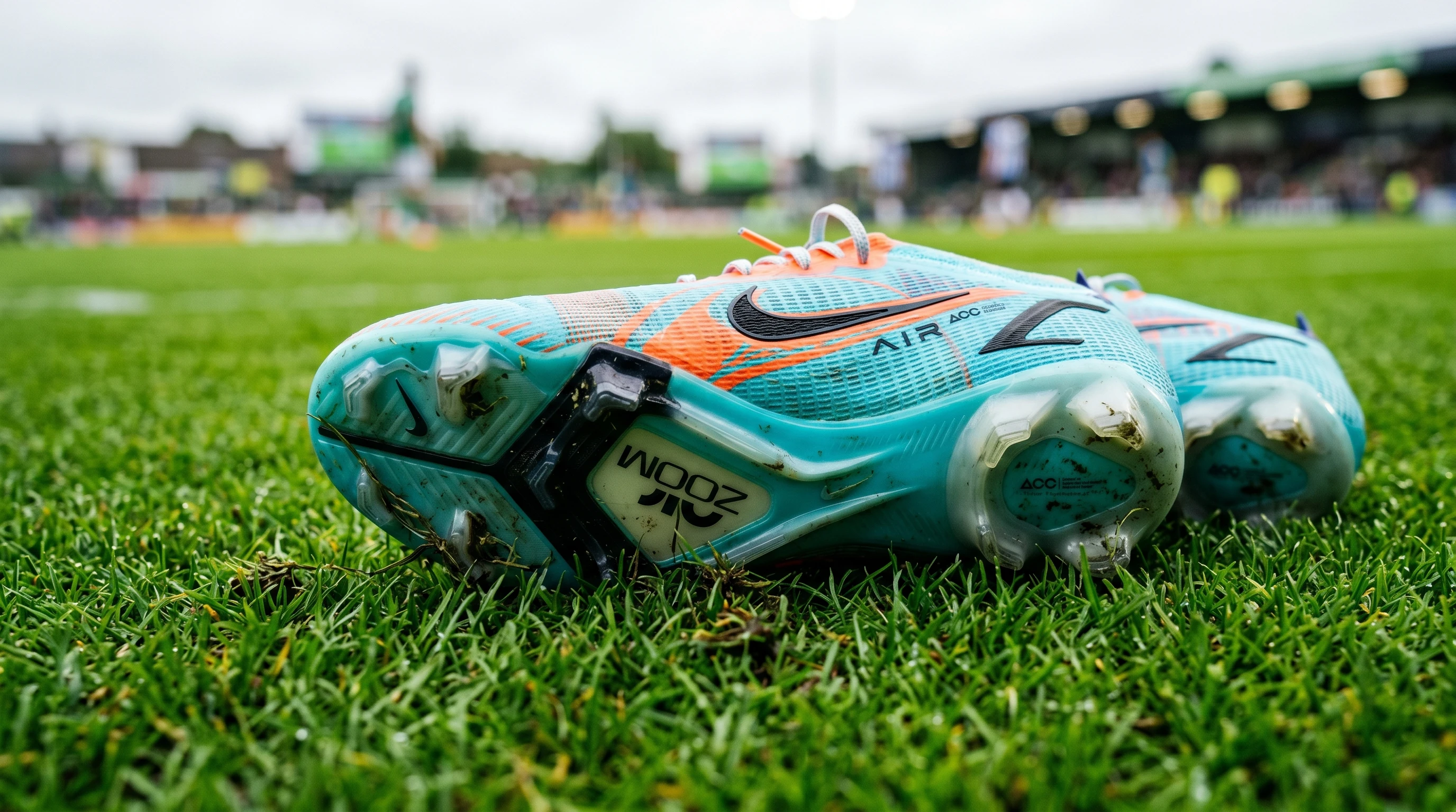 Soccer cleats on a green soccer field with a soccer ball nearby.