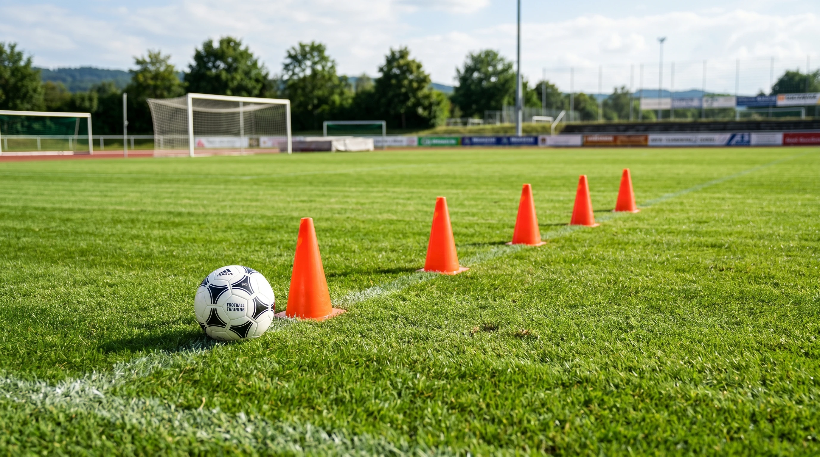 Soccer ball control and dribbling depicted with moving ball between cones on a grassy field