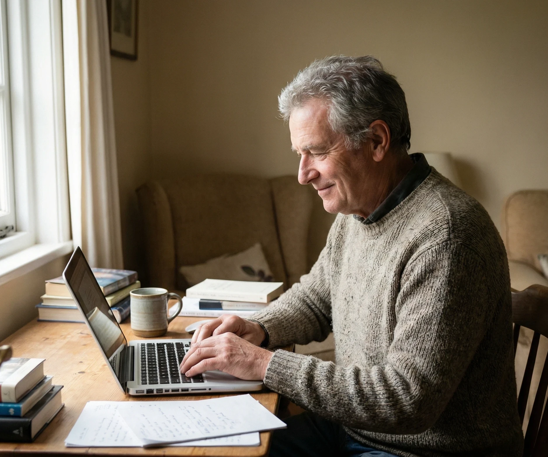 Older man learning online at home, focused and content