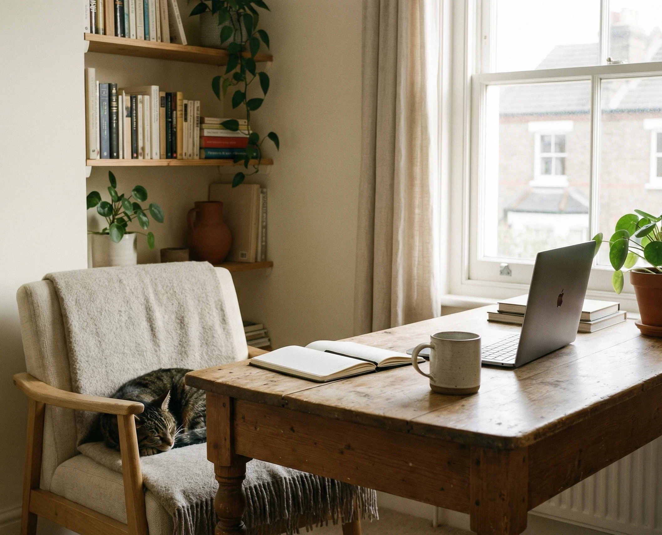 Calm home workspace with laptop, notebook, and a cat resting on a chair