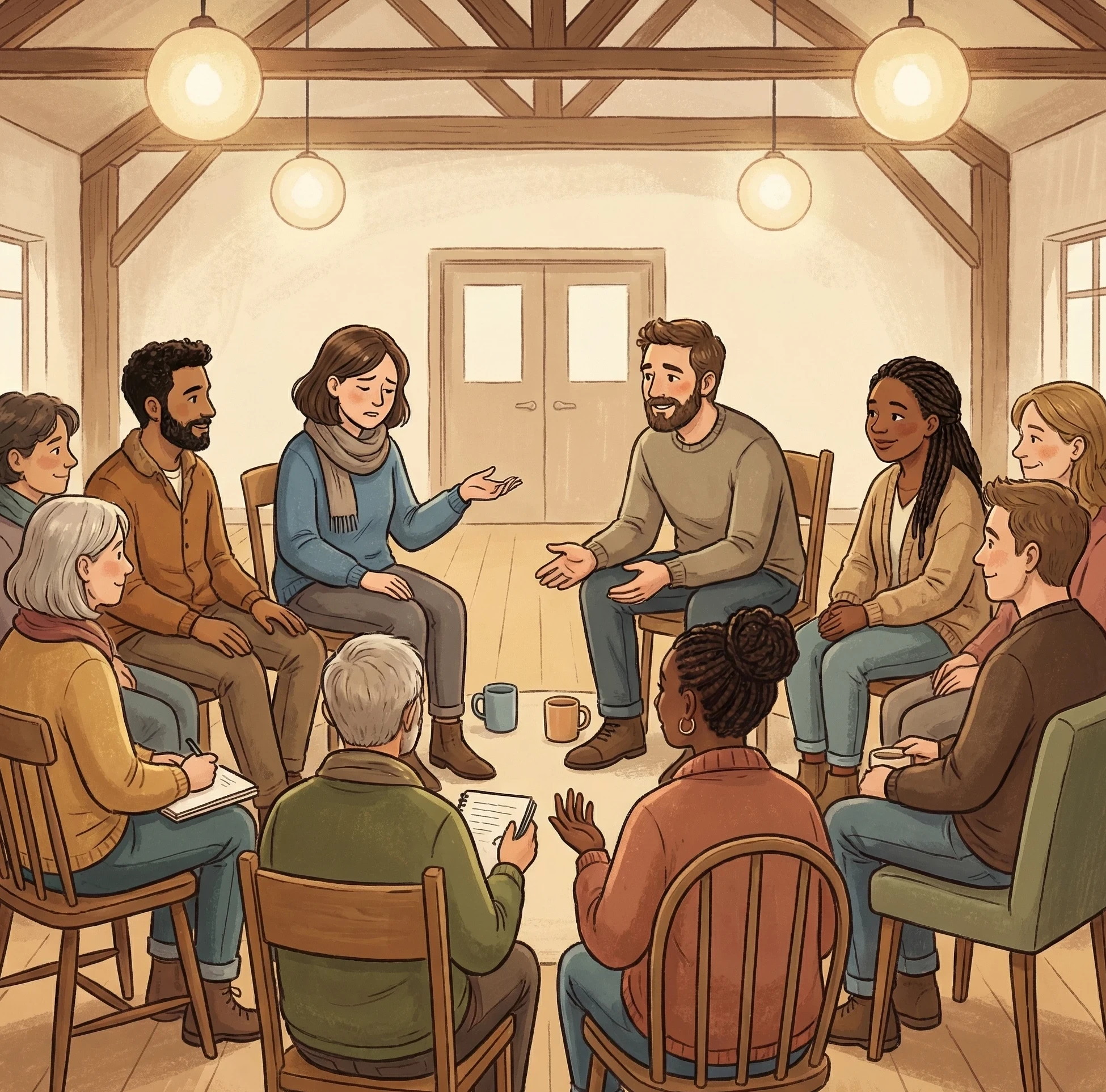 Illustration of adults seated in a community hall discussion, listening and supporting one another as someone asks a question