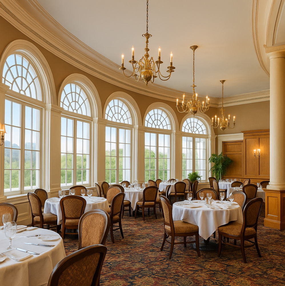 A grand hotel dining room with white tablecloths, crystal chandeliers, classic oil portraits on golden walls, and windows framing views of the mountains.