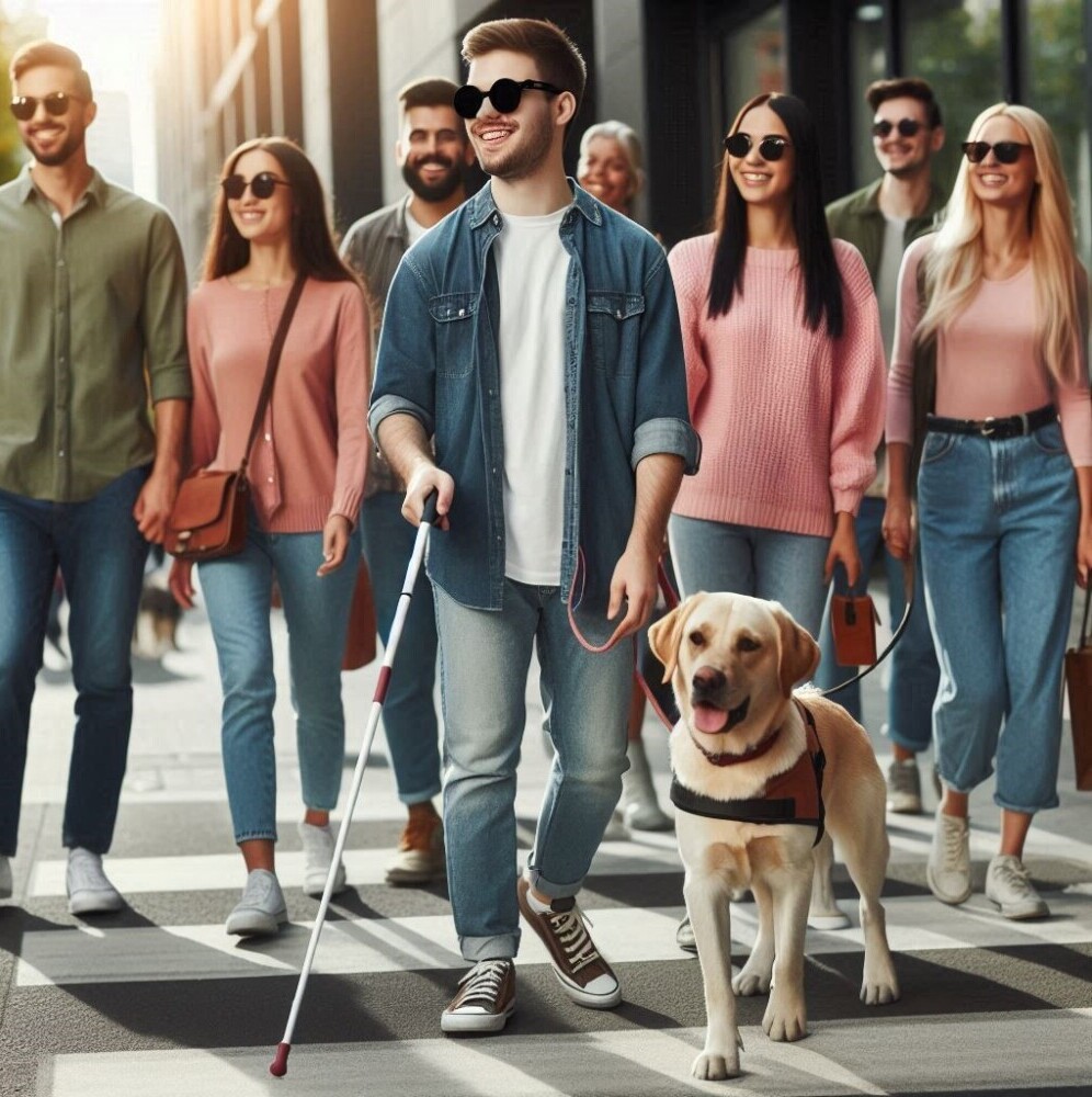 Man with white cane with friends