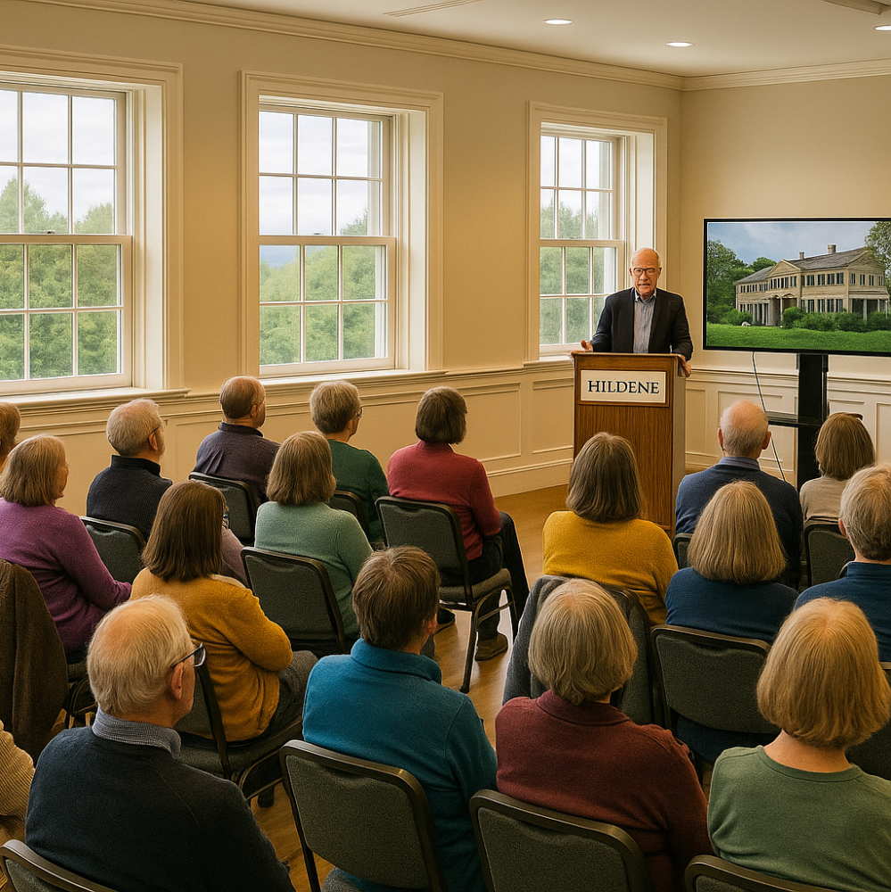 An audience listens attentively to a speaker at a podium labeled “HILDENE” inside a bright lecture room, with a screen displaying the historic Hildene mansion in the background.