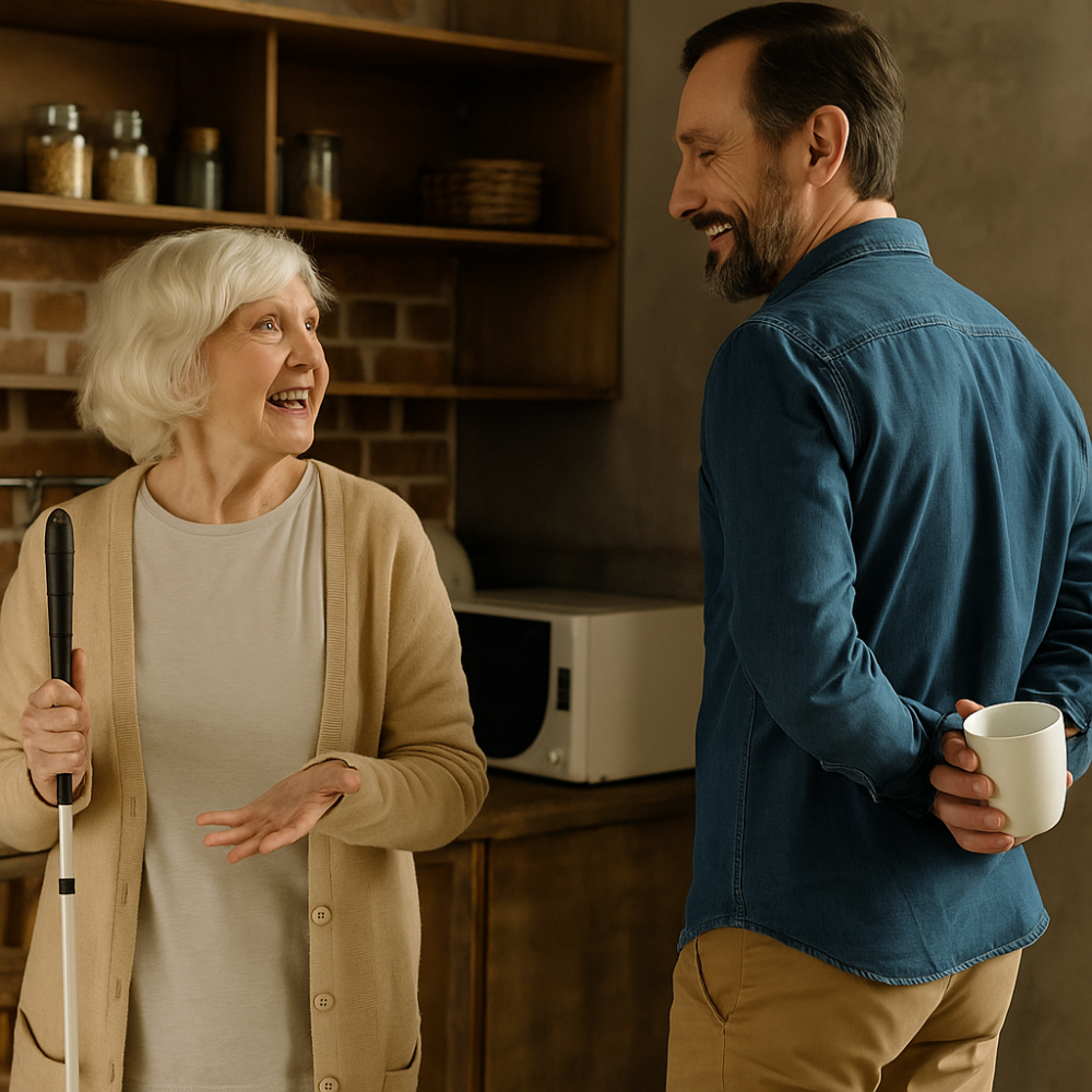 A visually impaired elderly woman searches a kitchen counter with a puzzled expression, while a middle-aged man stands nearby hiding her coffee cup behind his back, both smiling playfully.