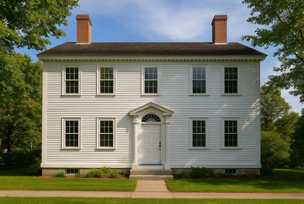 Front view of a two-story white Federal-style house with clapboard siding, symmetrical windows, a decorative front door with a fanlight and pediment, and brick chimneys, surrounded by lush green trees and a manicured lawn.